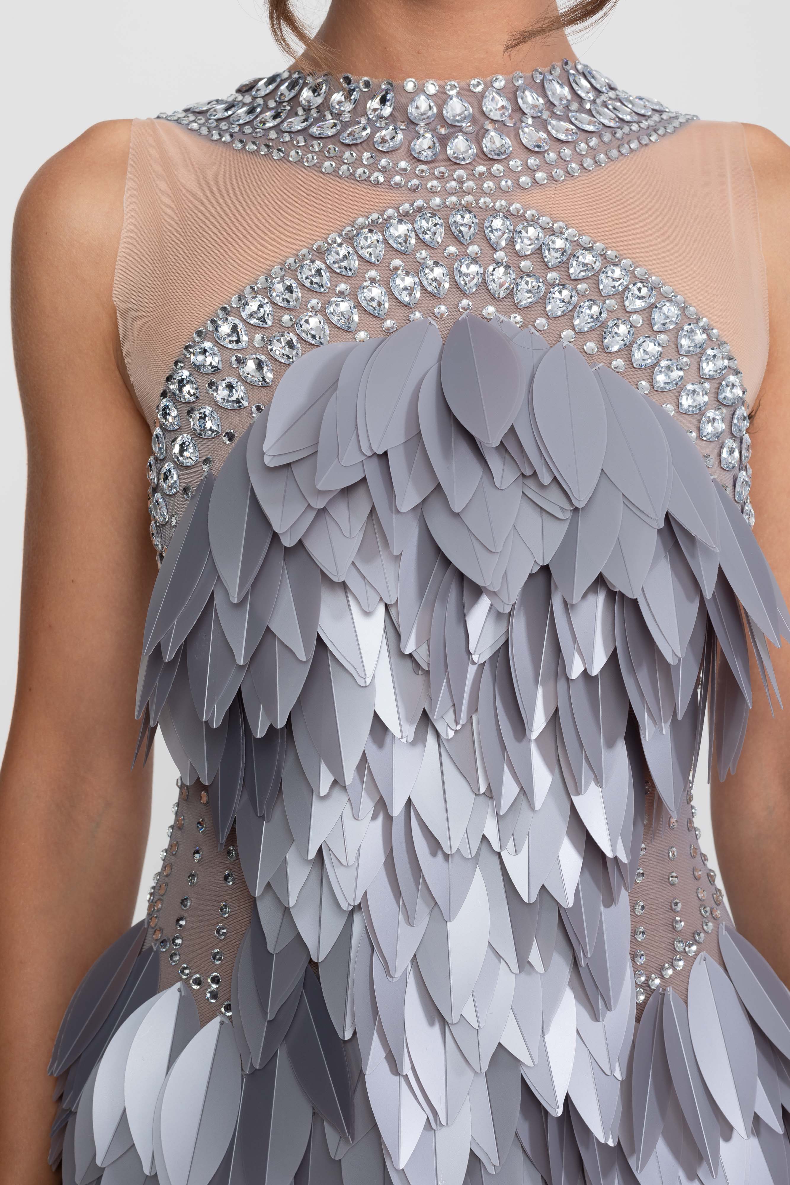 Sleeveless Sheer Mesh Feather-Panel Mini Dress With Crystals  - Gray