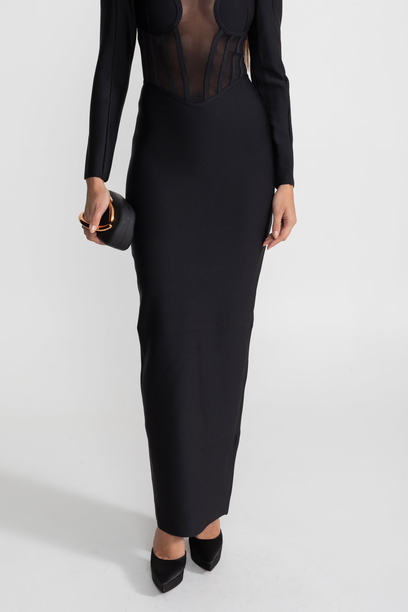 Maxi Dress with Sheer Corset Bodice and Structured Shoulders - Black