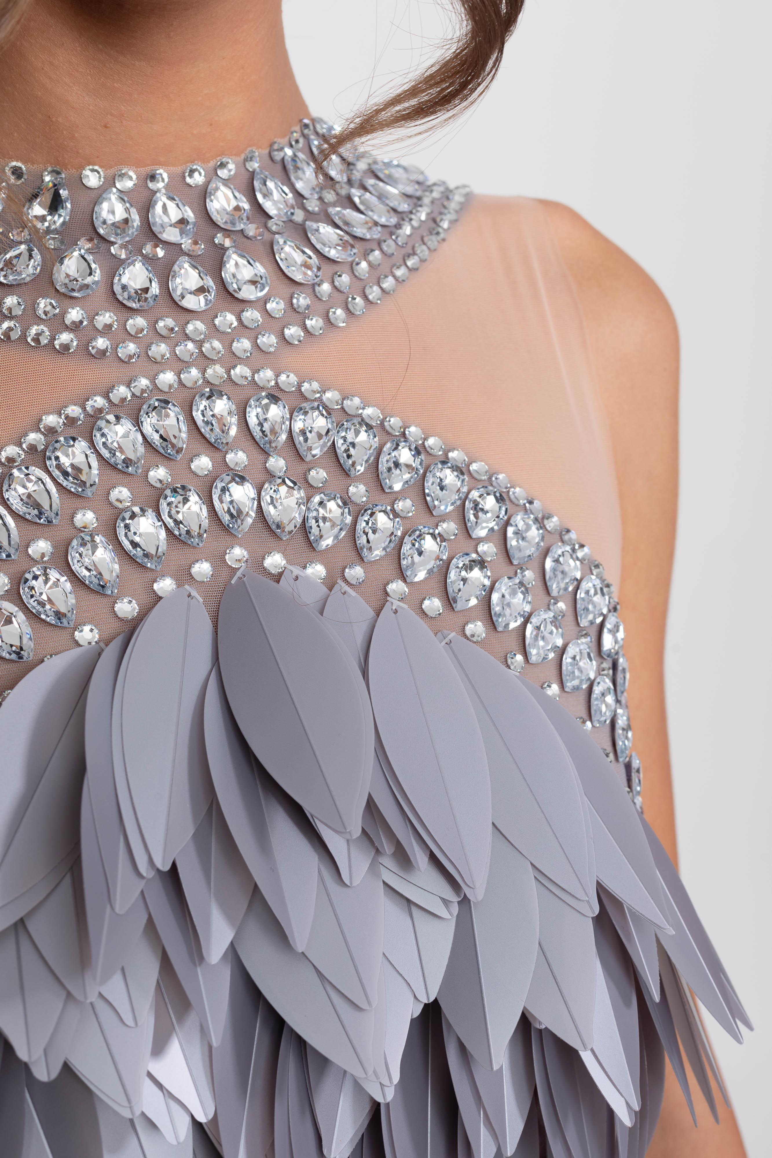 Sleeveless Sheer Mesh Feather-Panel Mini Dress With Crystals  - Gray