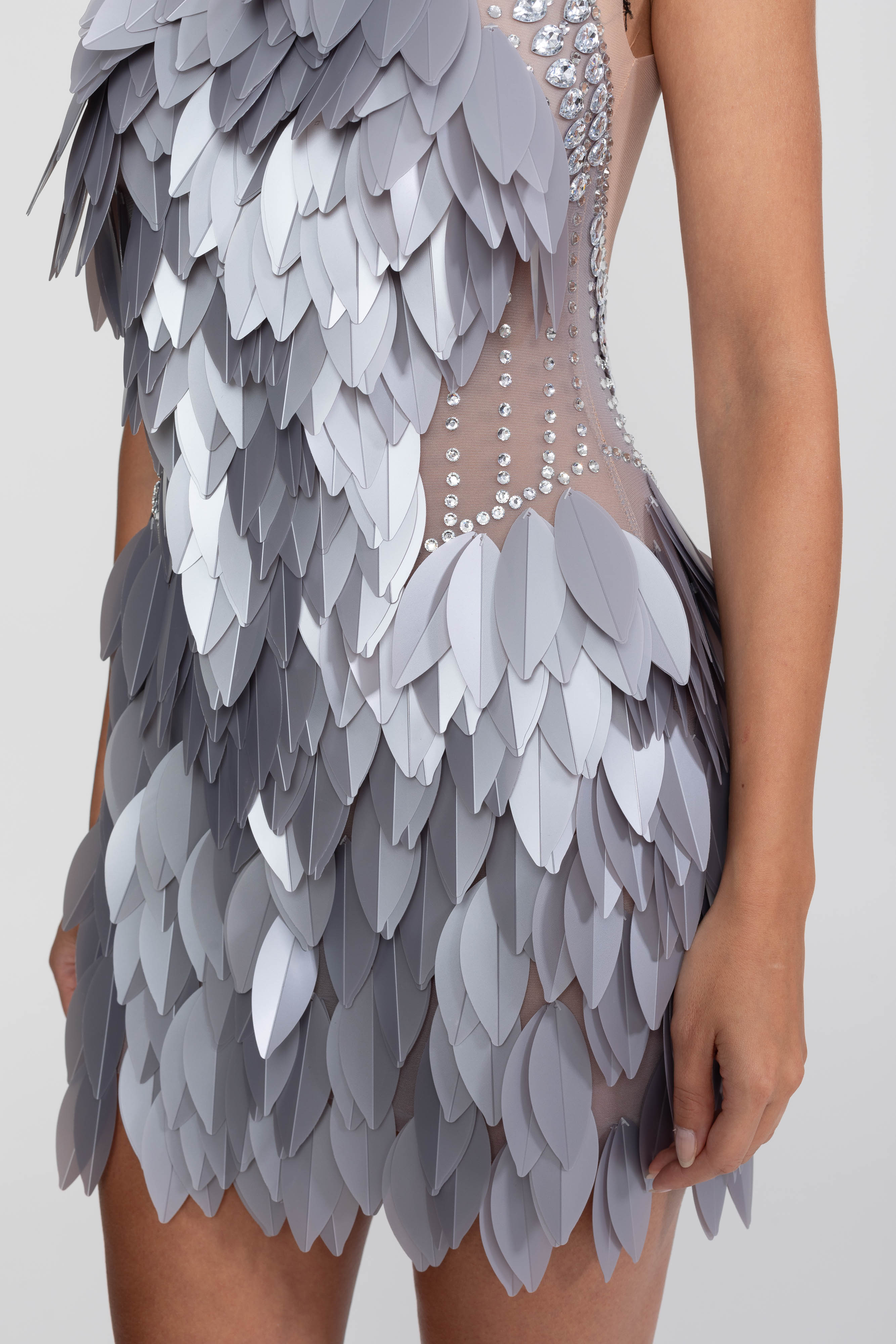 Sleeveless Sheer Mesh Feather-Panel Mini Dress With Crystals  - Gray