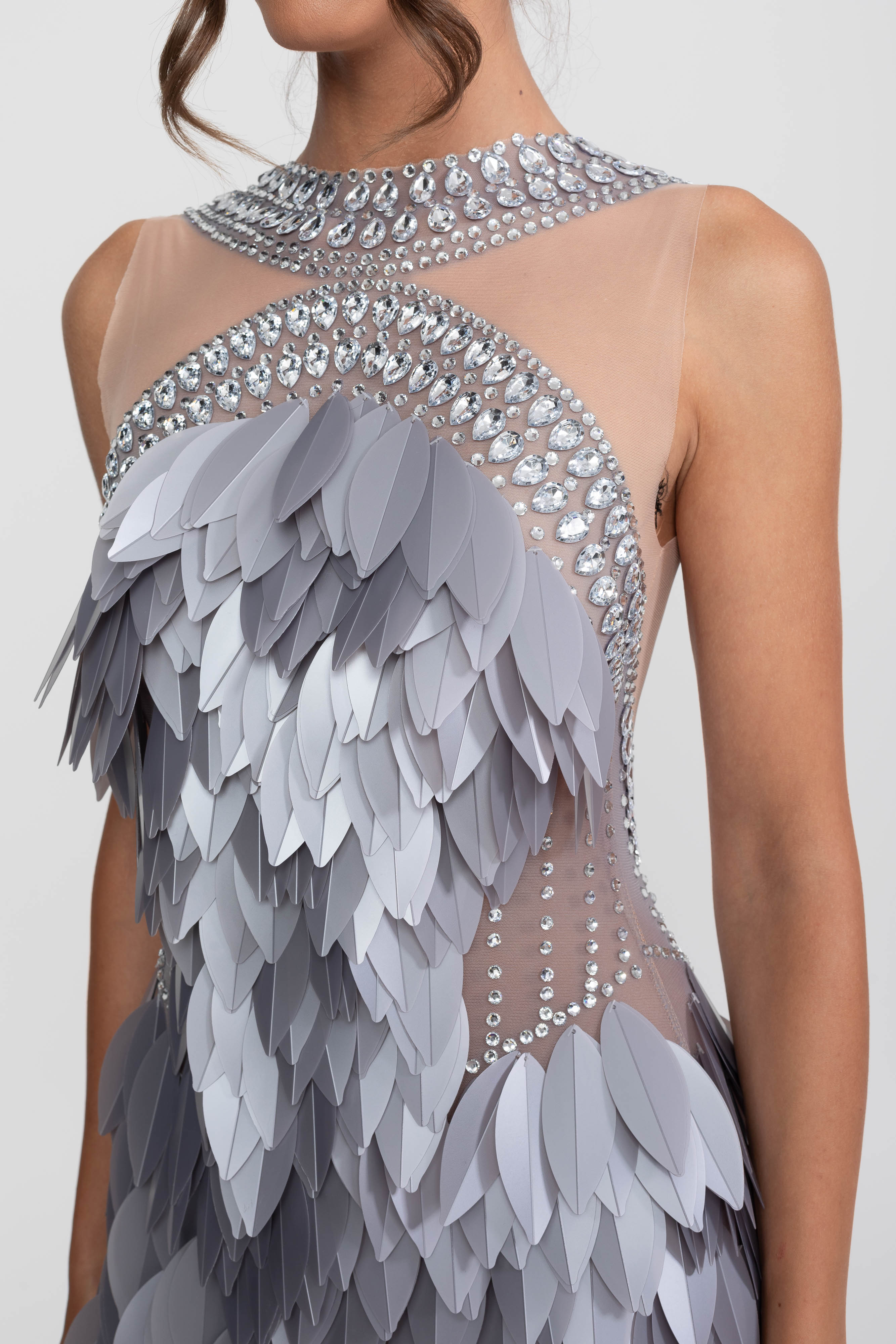 Sleeveless Sheer Mesh Feather-Panel Mini Dress With Crystals  - Gray