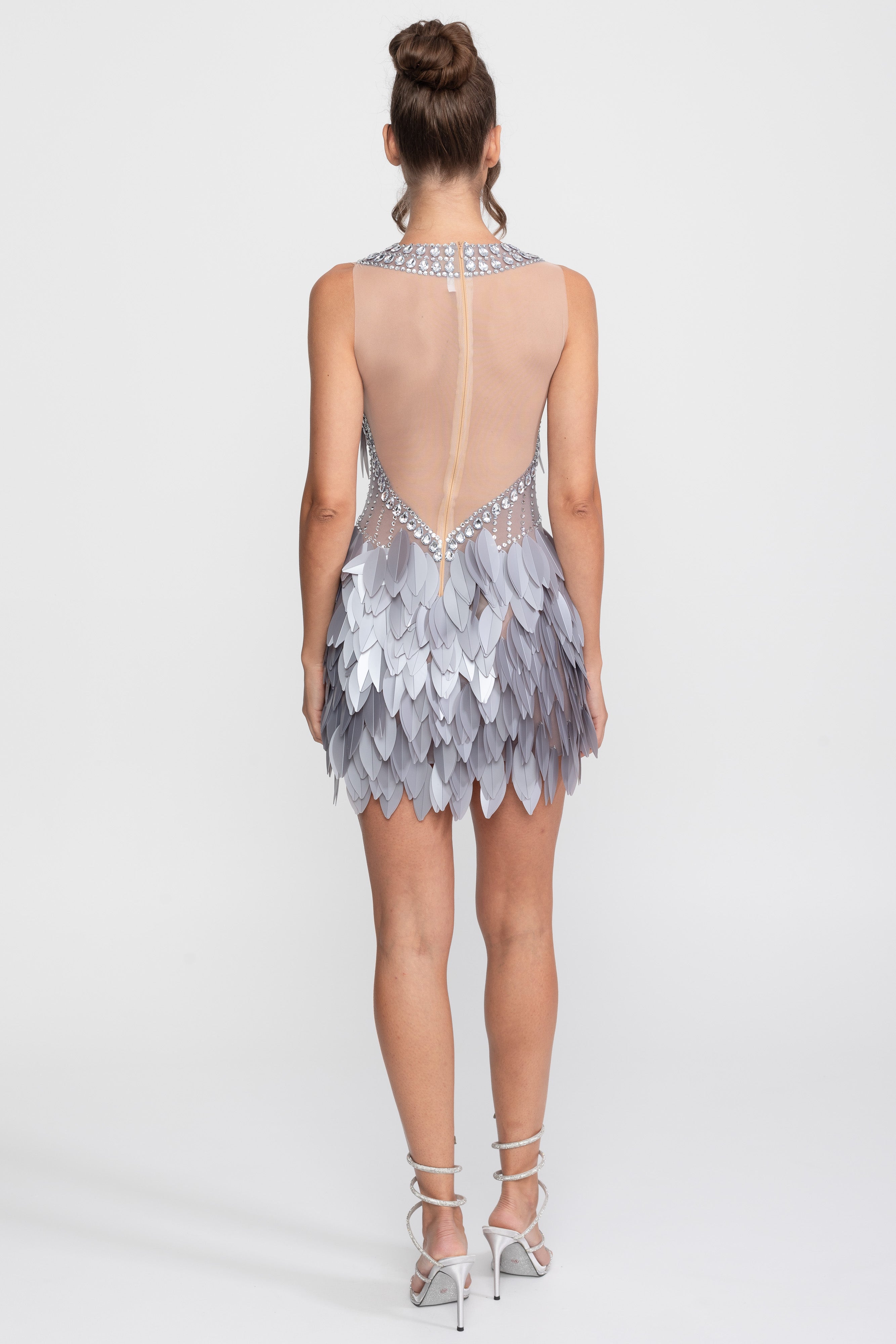Sleeveless Sheer Mesh Feather-Panel Mini Dress With Crystals  - Gray