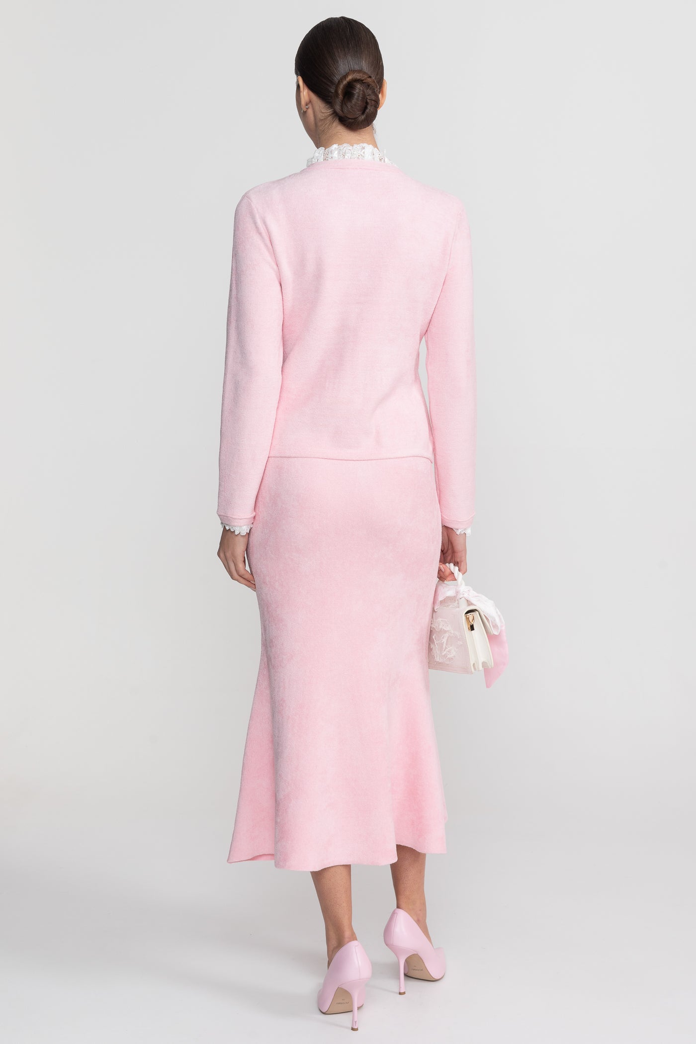 Long Sleeve Co-Ord With Fitted Knit Bodice And Crystal Button Detail - Blush Pink