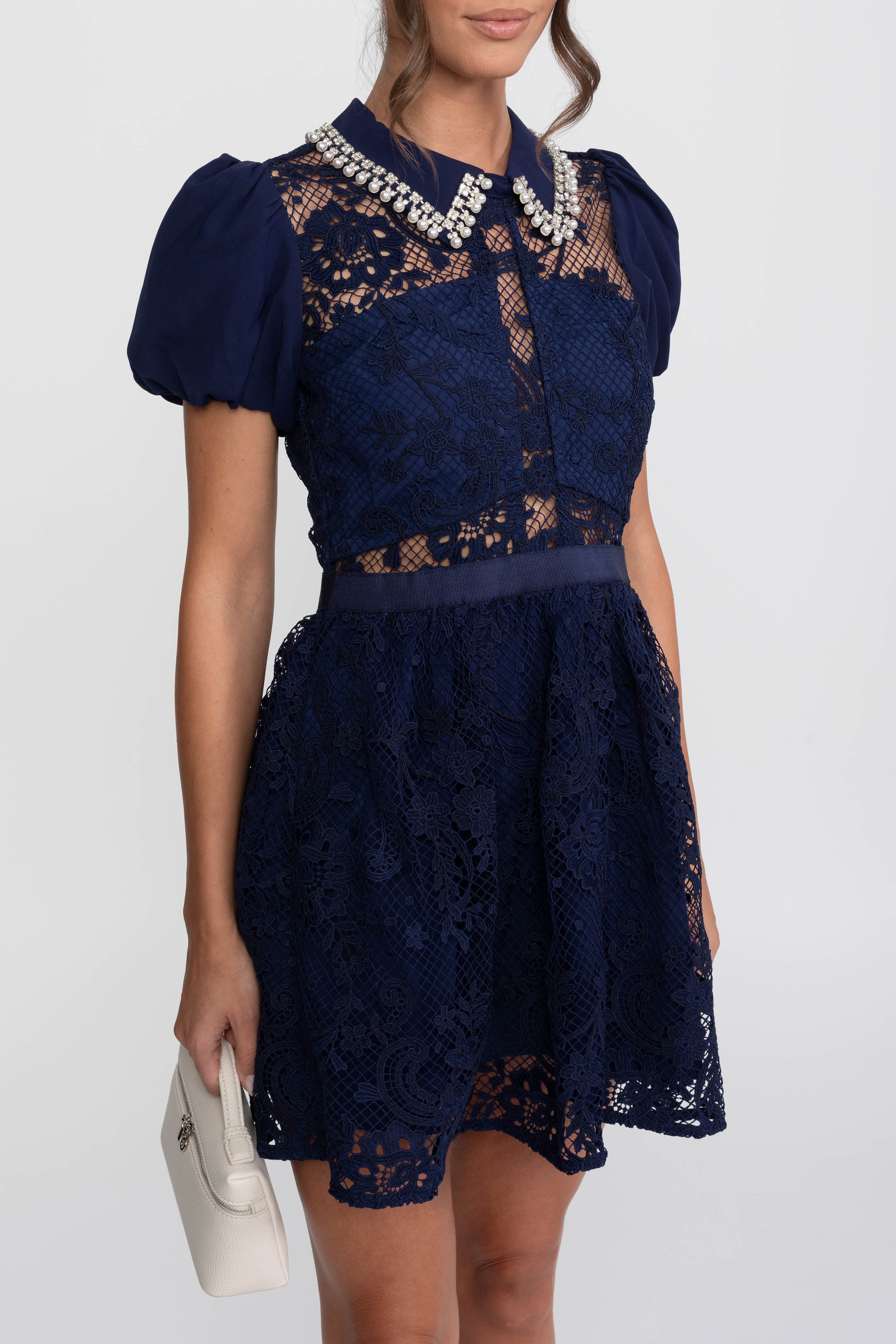 Puff Sleeves Lace Mini Dress With Pearl Collar - Navy