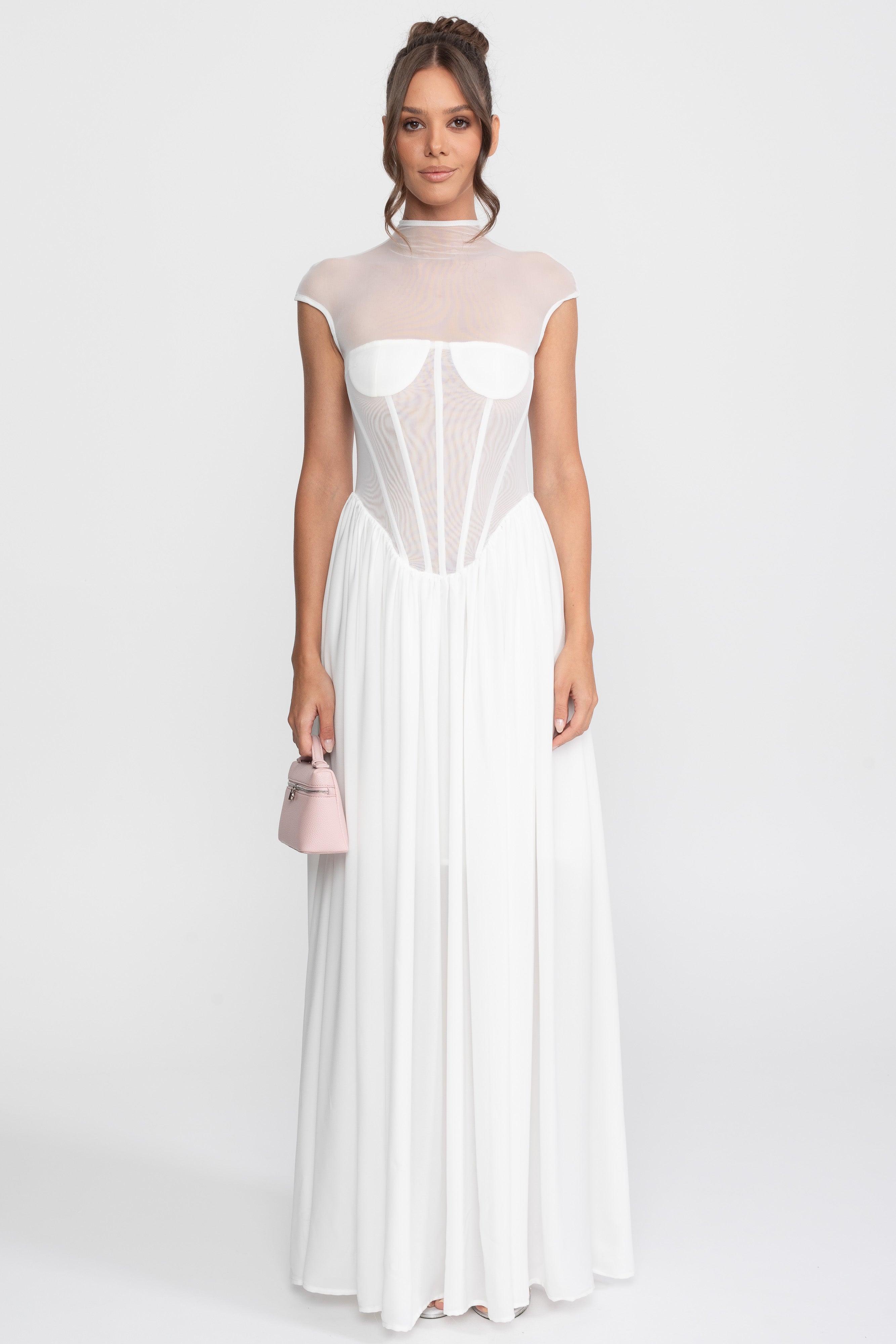 Sheer Corset Maxi Dress With Cap Sleeves - White