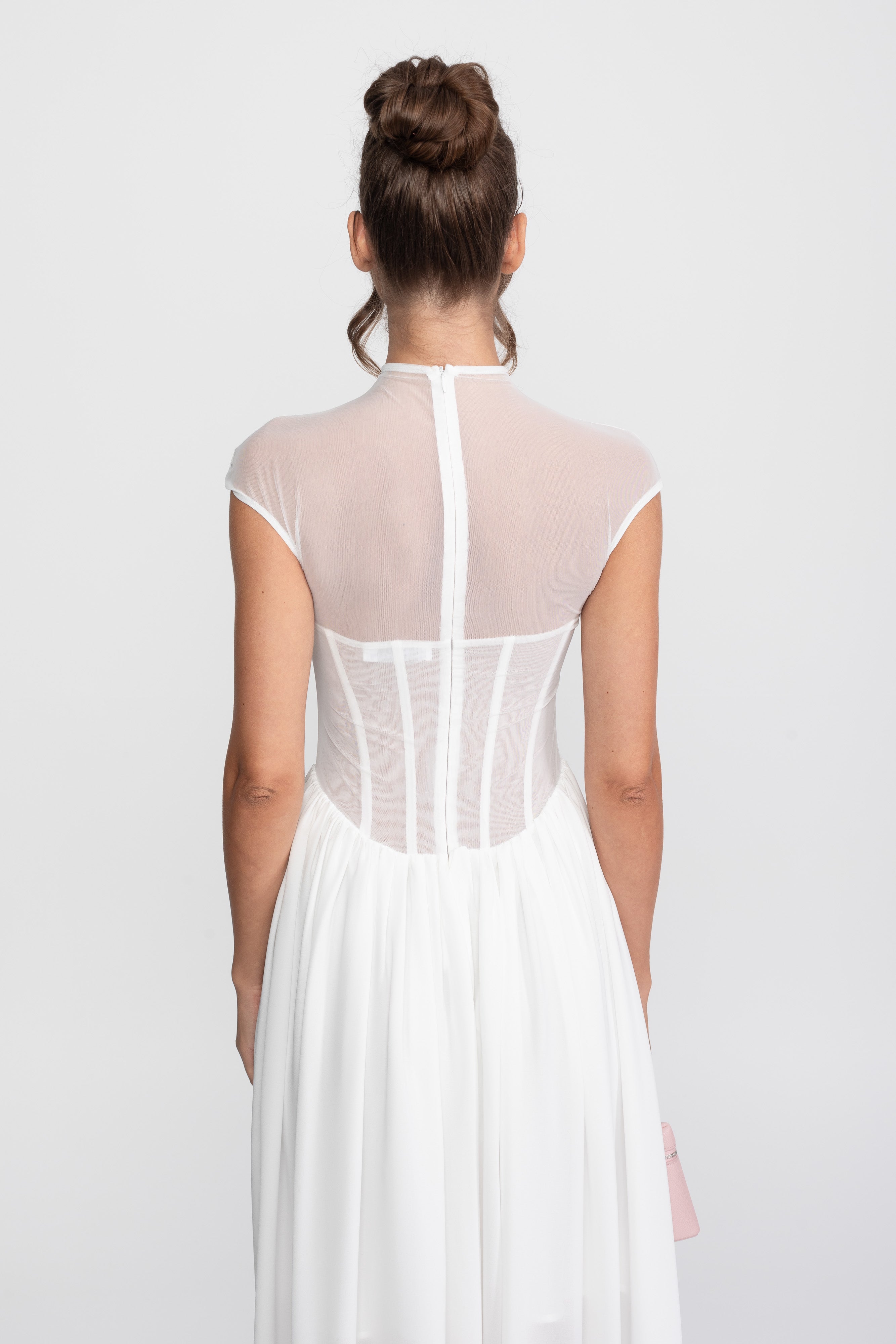 Sheer Corset Maxi Dress With Cap Sleeves - White