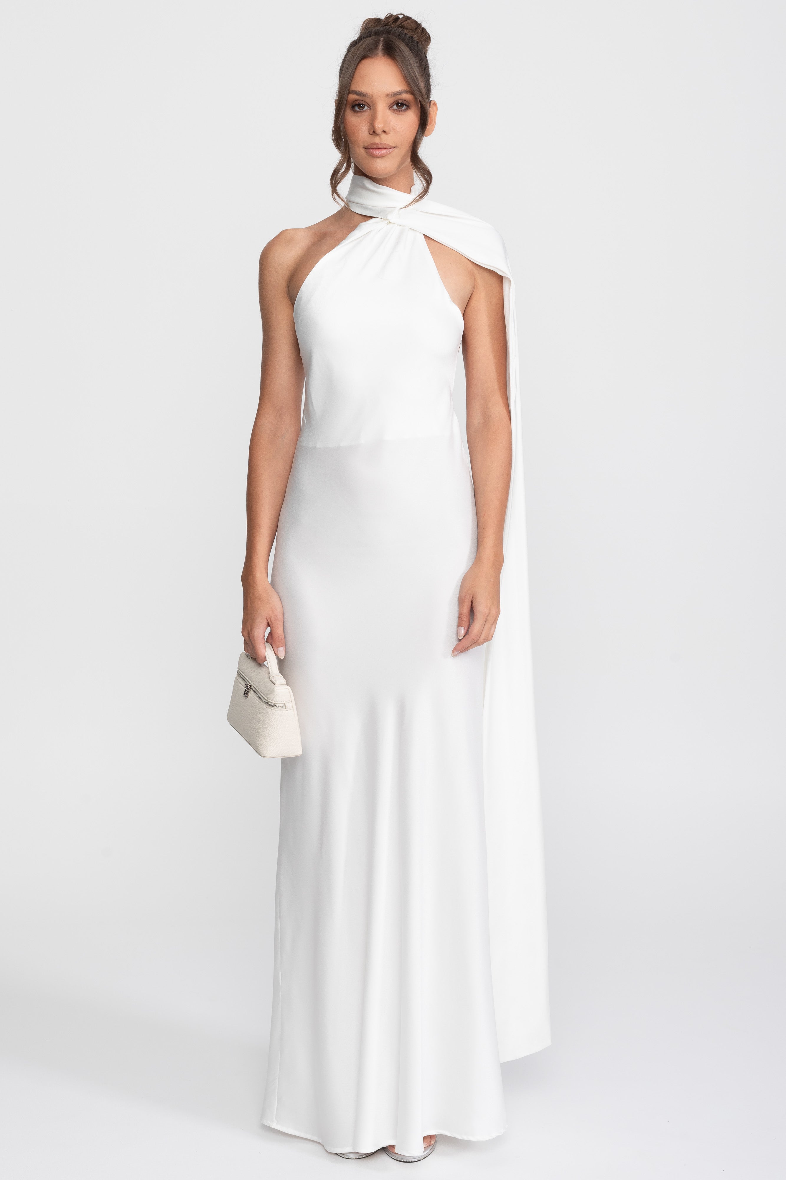 Twist Halter Satin Slip Dress With Asymmetric Neckline - White