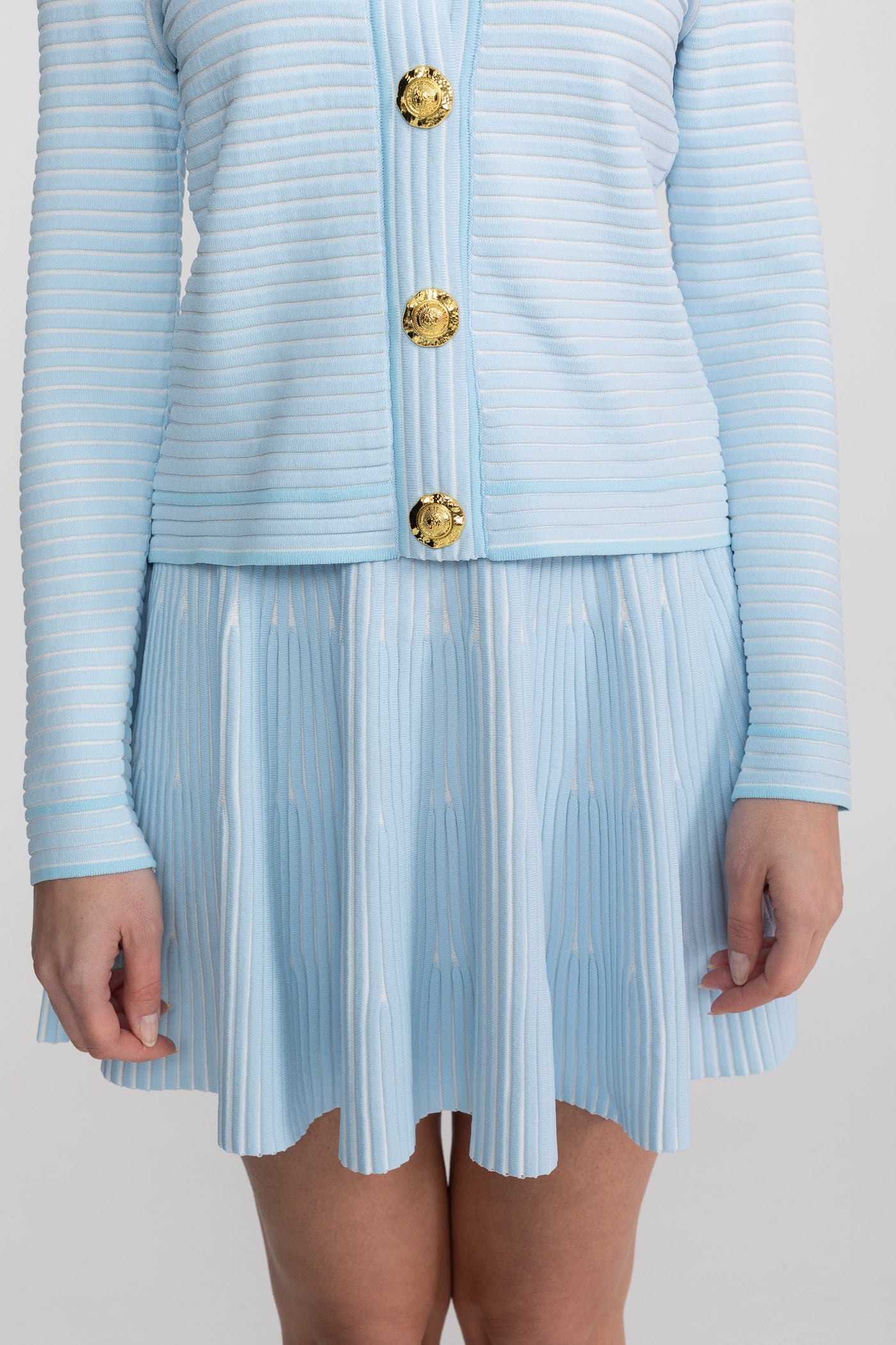 Ribbed Knit Co-Ord Set With Gold Button Embellishment - Blue