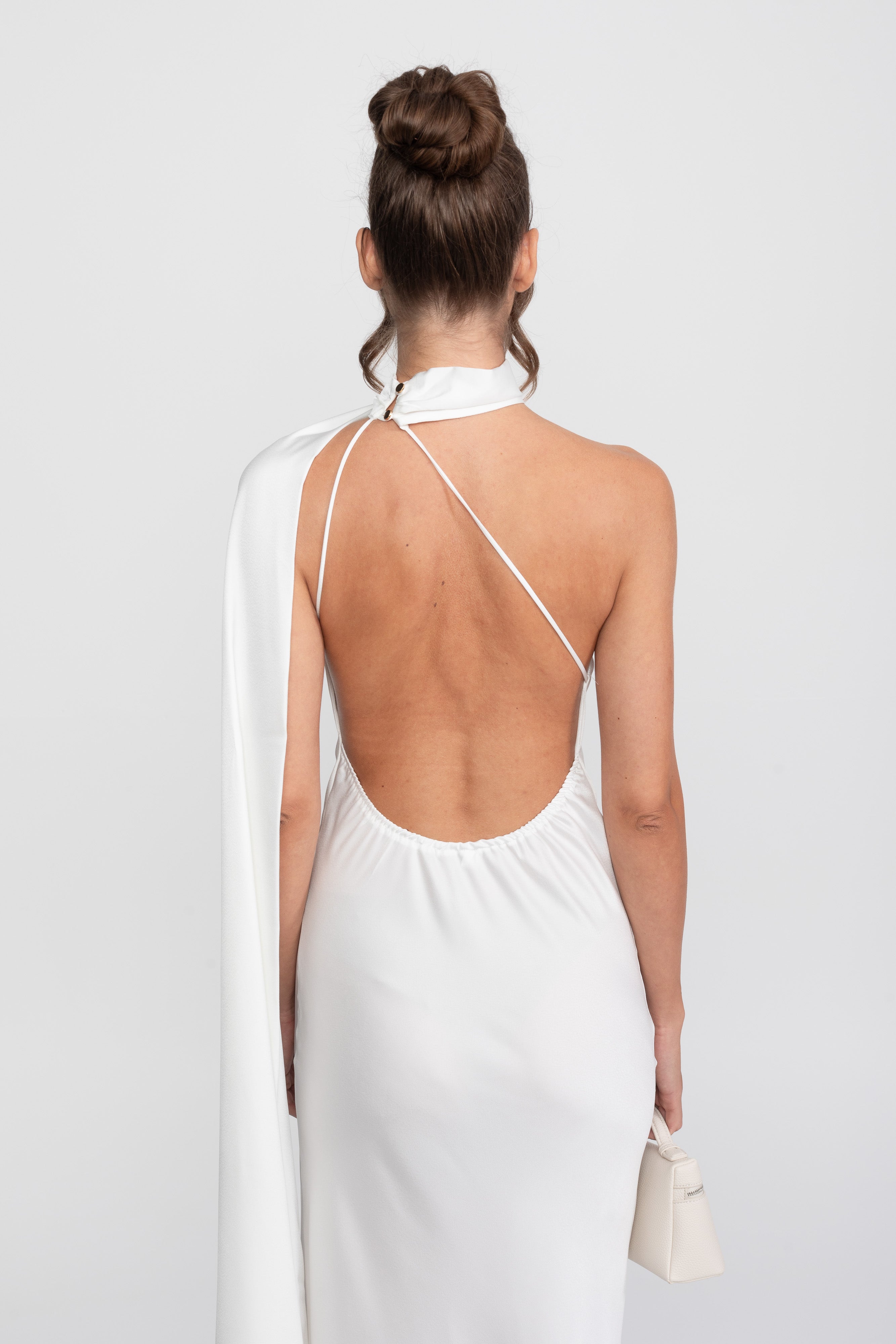 Twist Halter Satin Slip Dress With Asymmetric Neckline - White