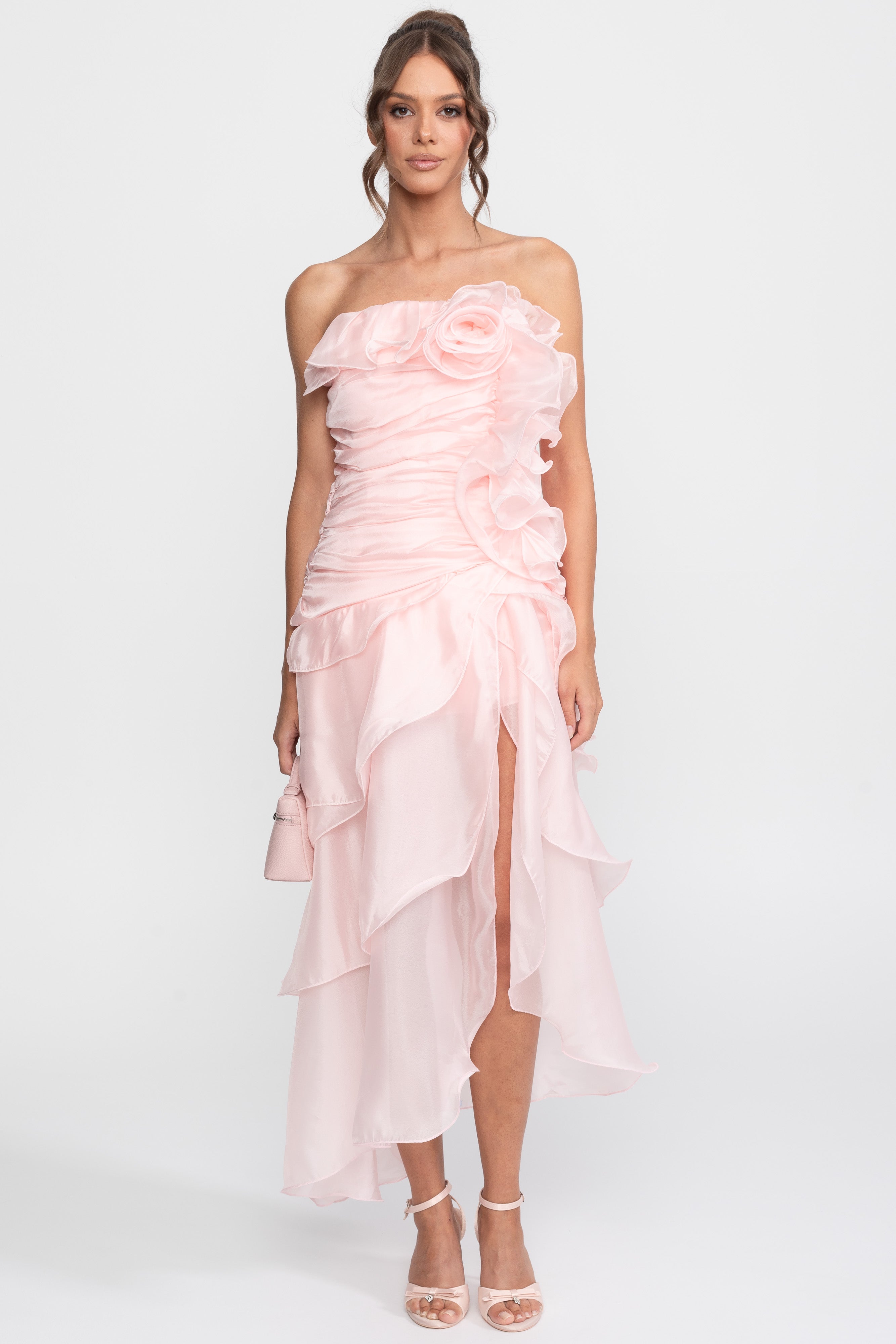 Strapless Rosette Petal Dress With 3D Floral Embellishments - Pink