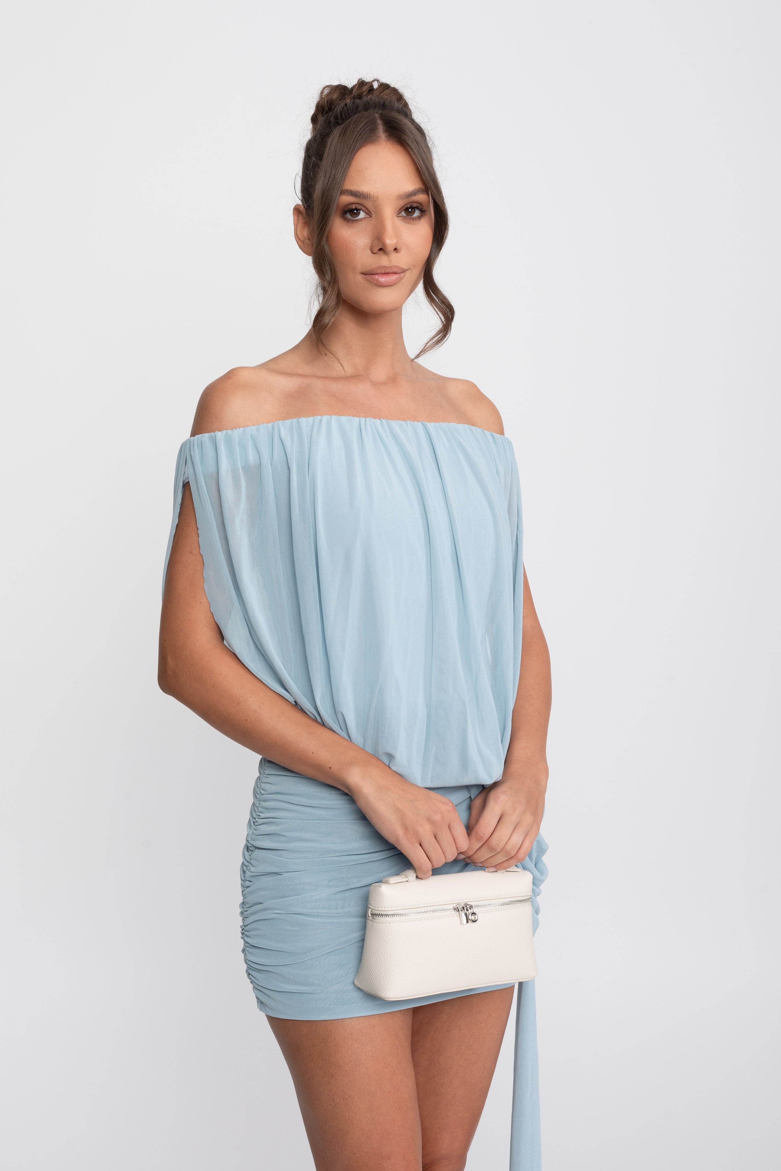 Off-Shoulder Ruched Wrap Mini Dress With Tie Waist - Light Blue