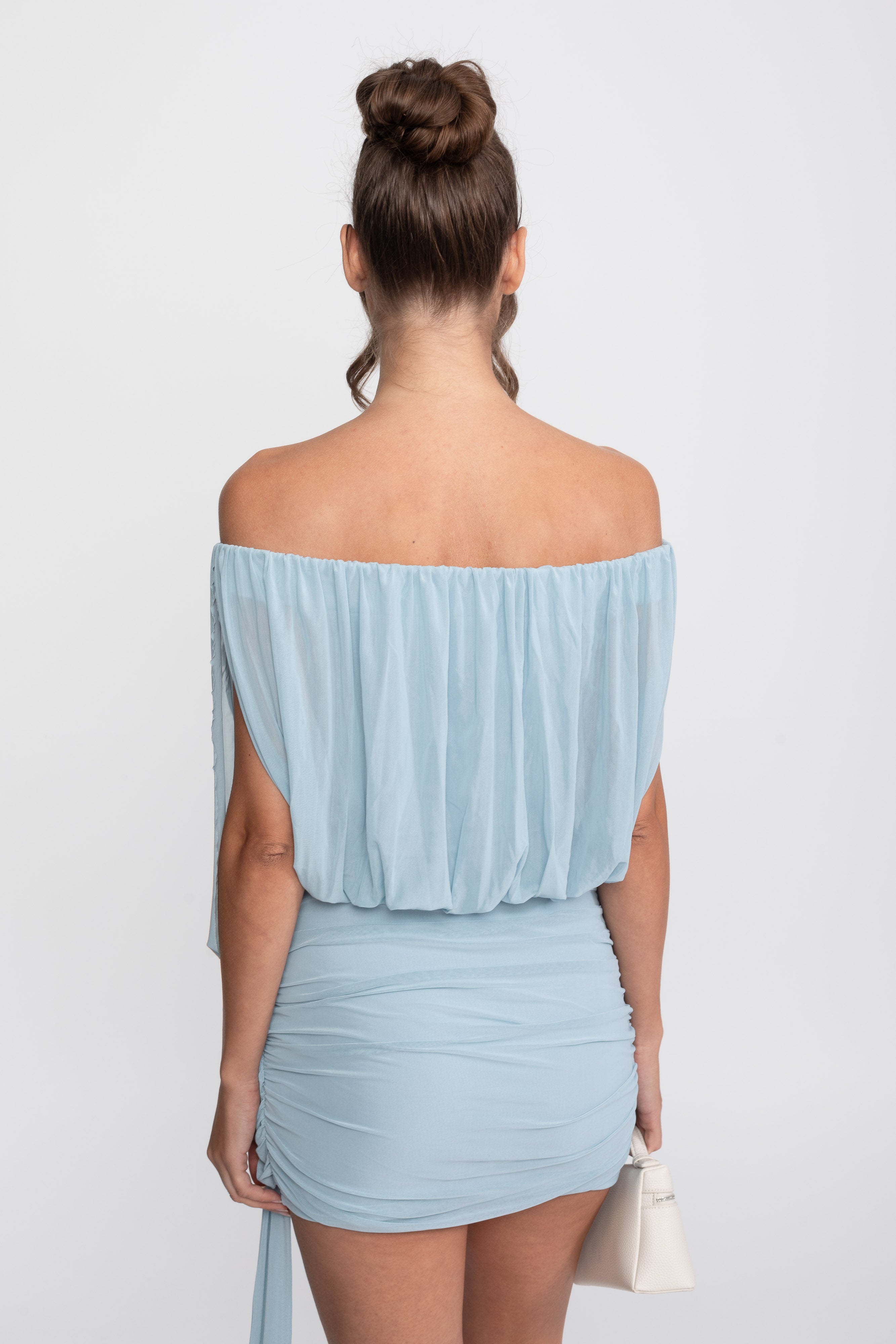 Off-Shoulder Ruched Wrap Mini Dress With Tie Waist - Light Blue