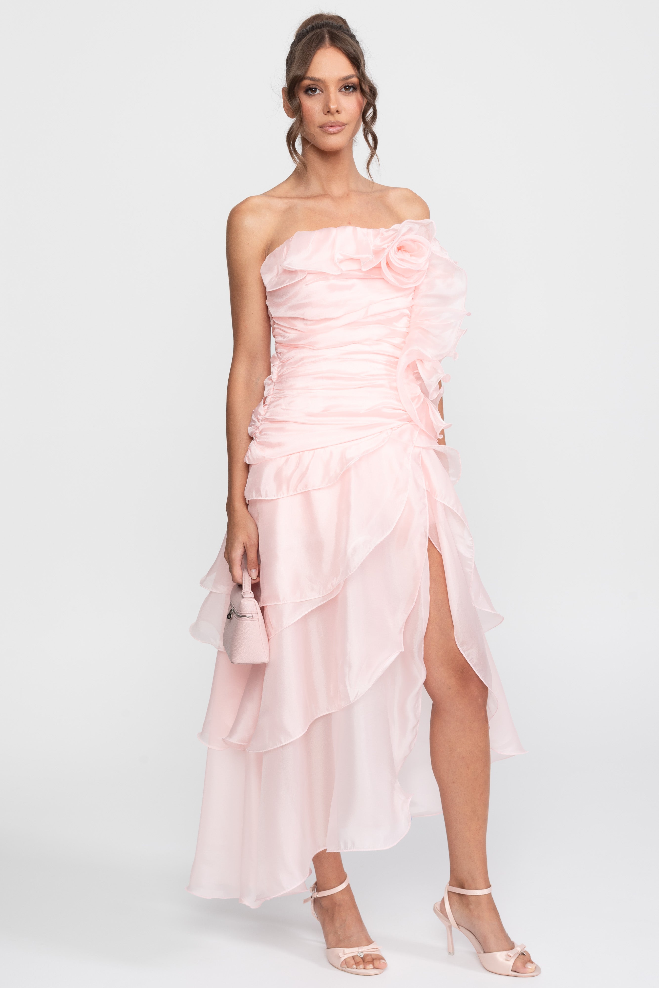 Strapless Rosette Petal Dress With 3D Floral Embellishments - Pink