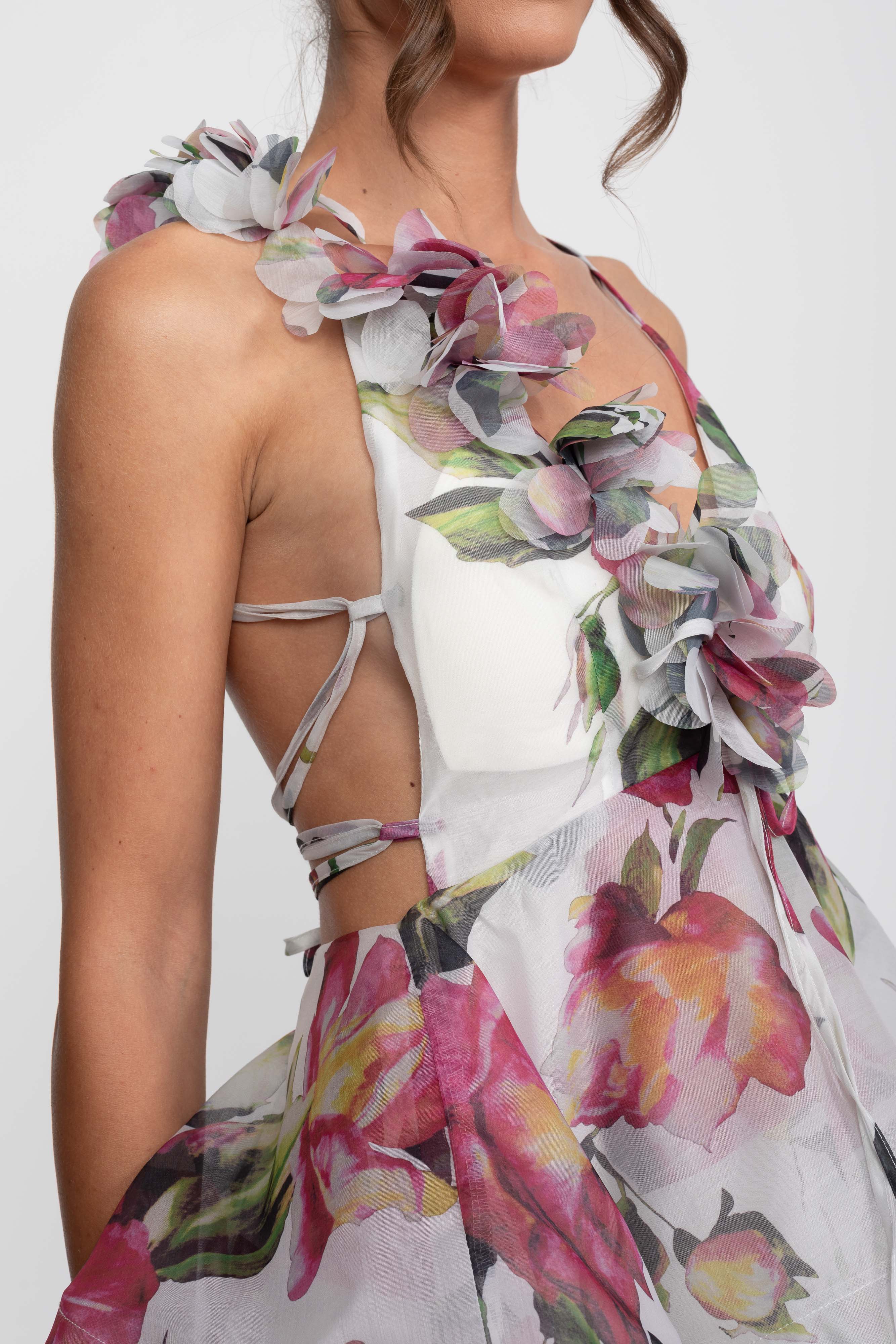 Floral Print Tiered Mini Dress With Ruffled Shoulder Strap - White