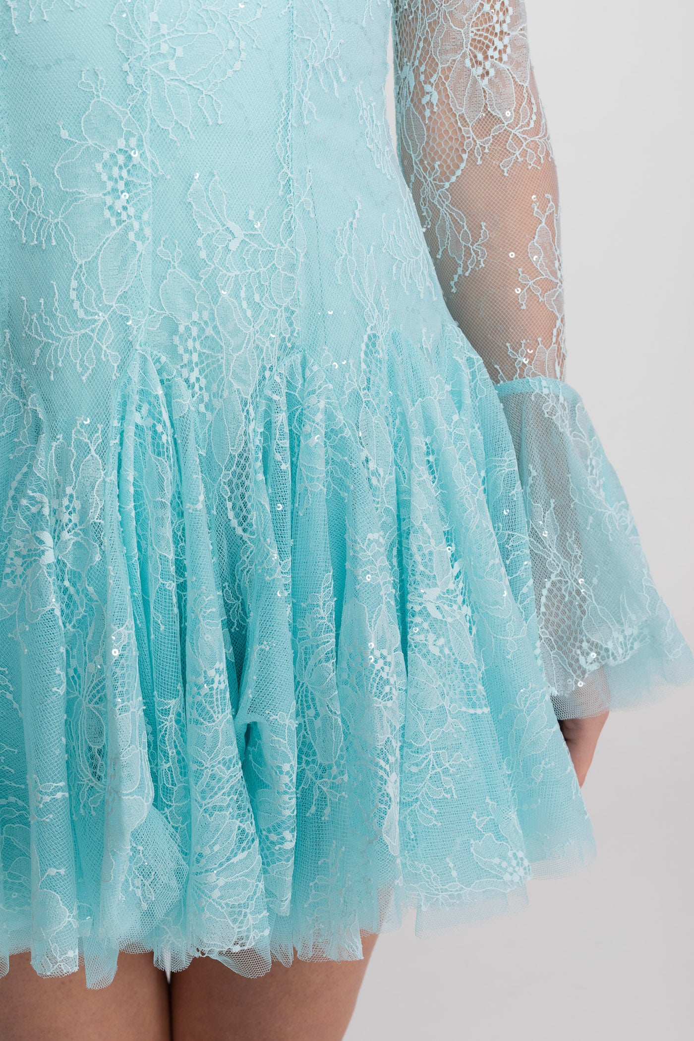 Sheer Lace Long Sleeve Mini Dress With Ruffled Hem - Teal