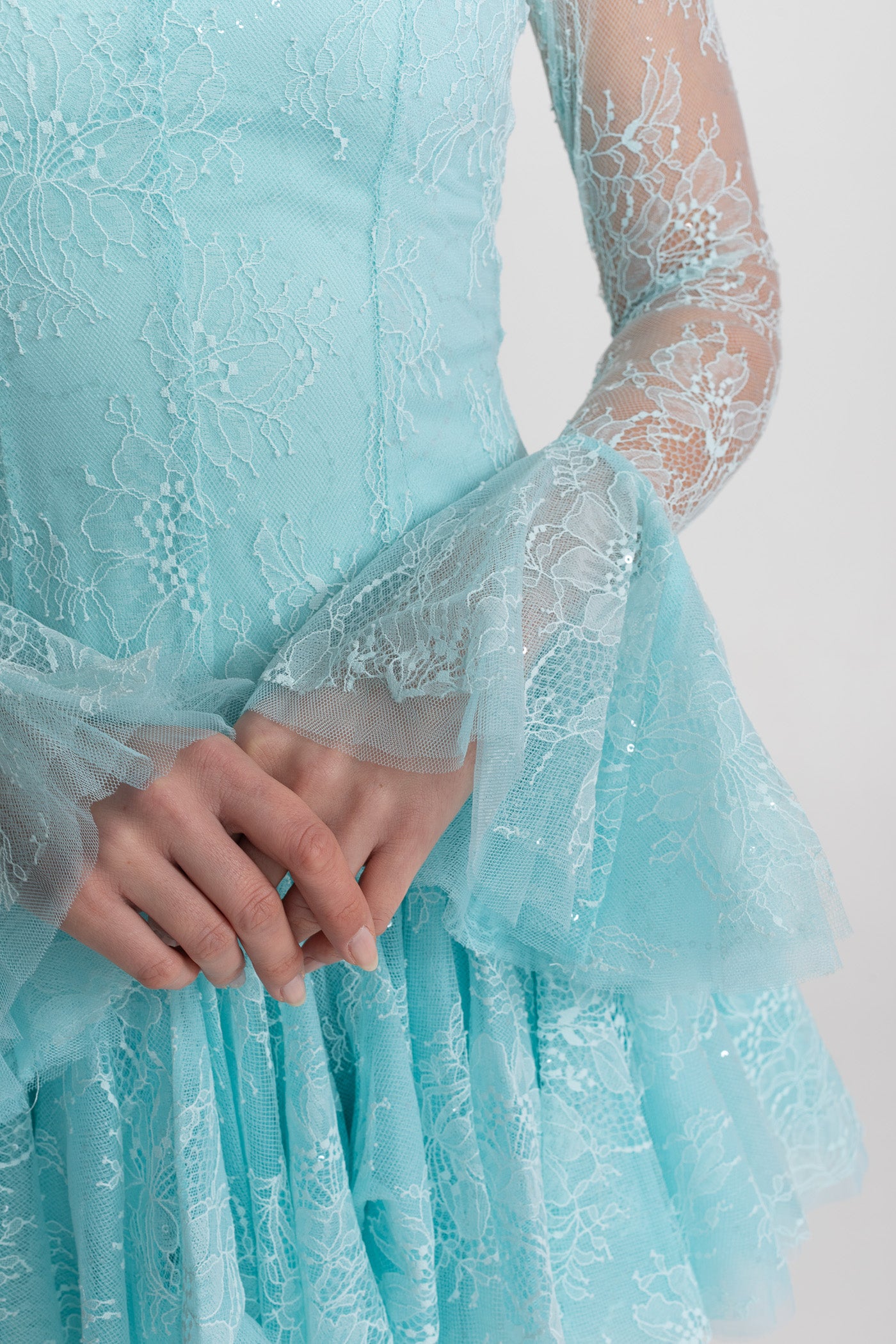 Sheer Lace Long Sleeve Mini Dress With Ruffled Hem - Teal