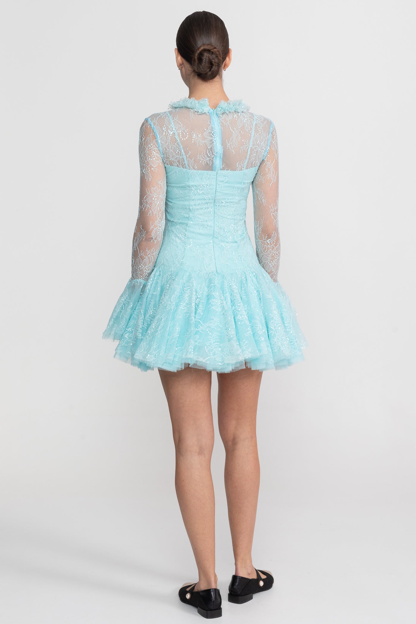Sheer Lace Long Sleeve Mini Dress With Ruffled Hem - Teal