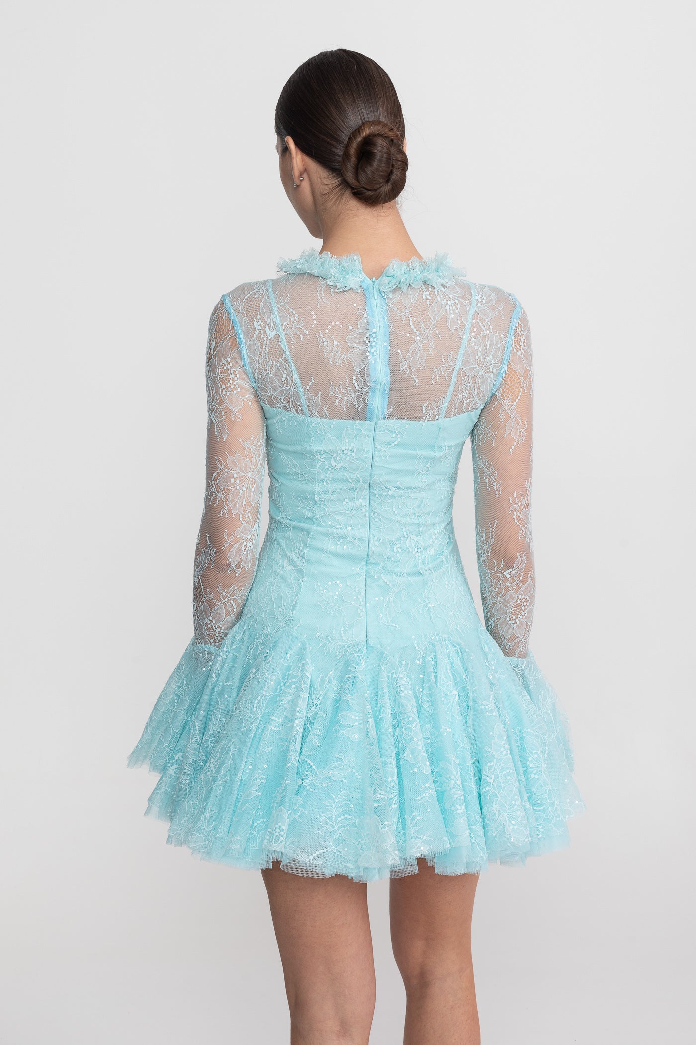 Sheer Lace Long Sleeve Mini Dress With Ruffled Hem - Teal