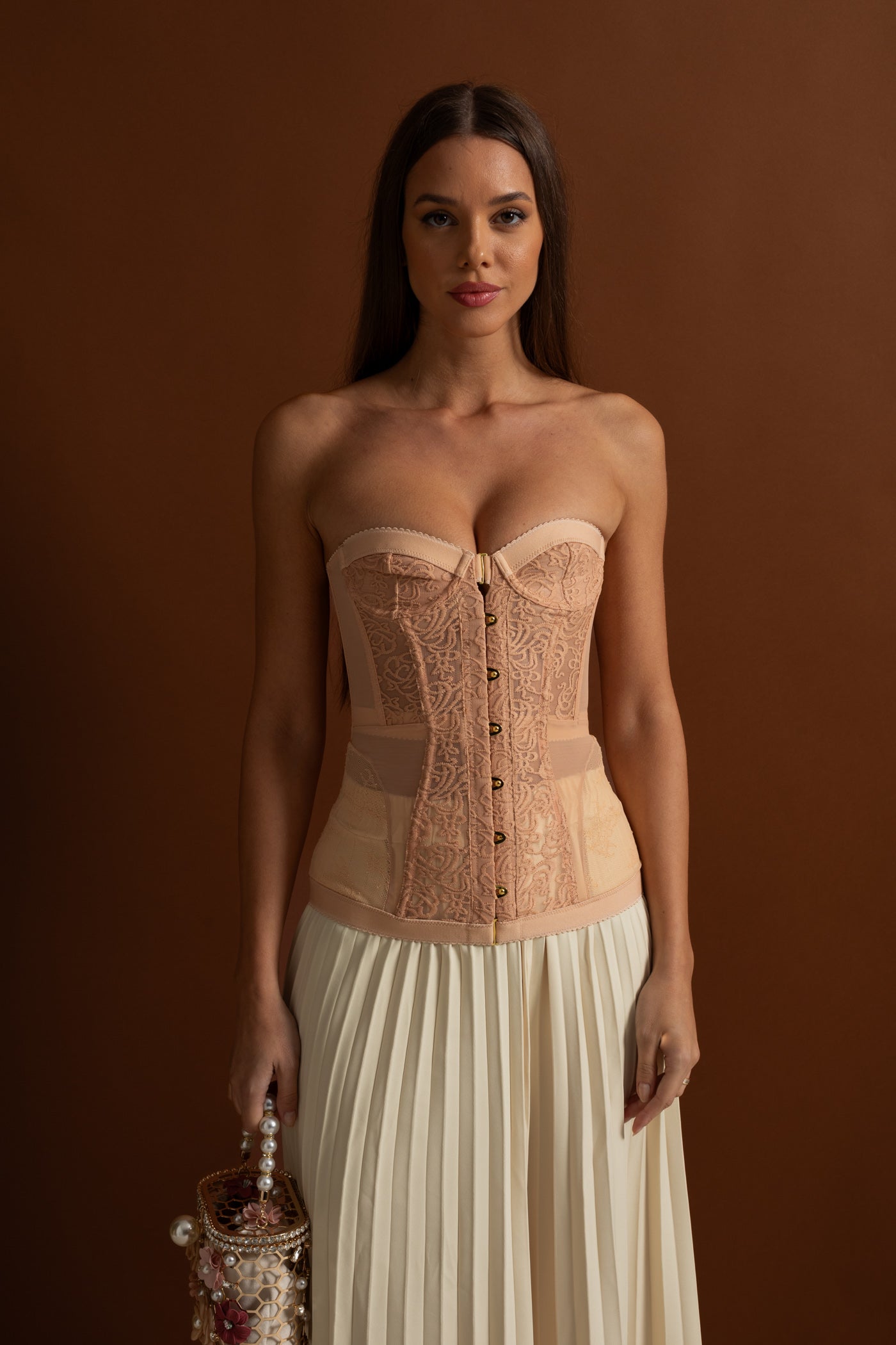Strapless Lace Corset Top with Boning and Front Closure - Nude