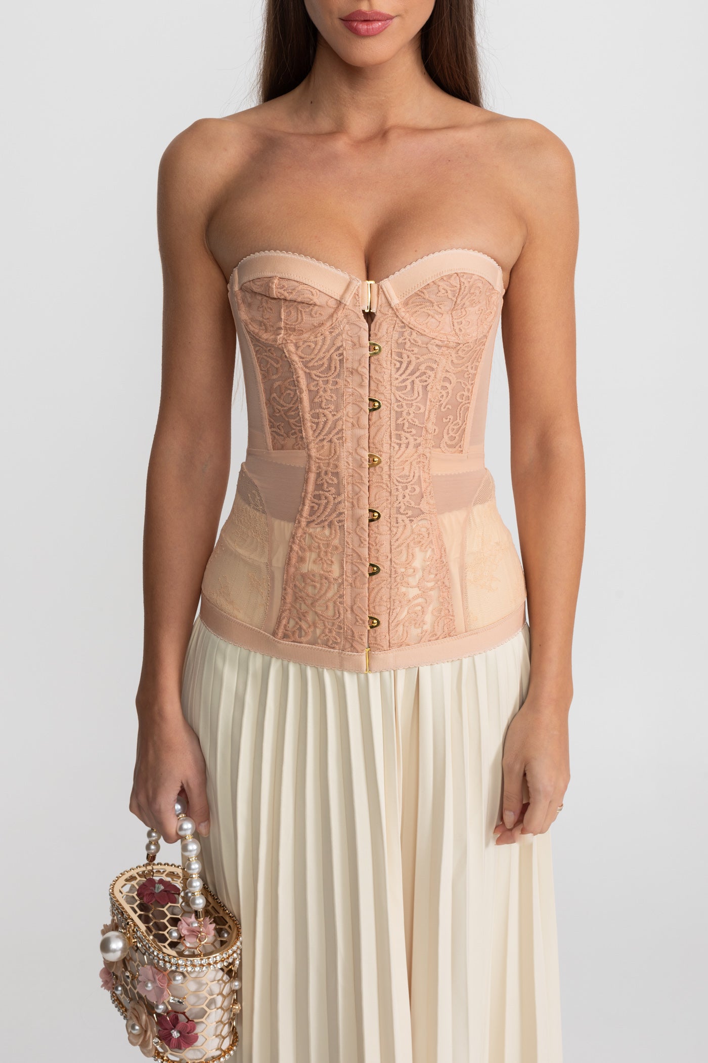 Strapless Lace Corset Top with Boning and Front Closure - Nude