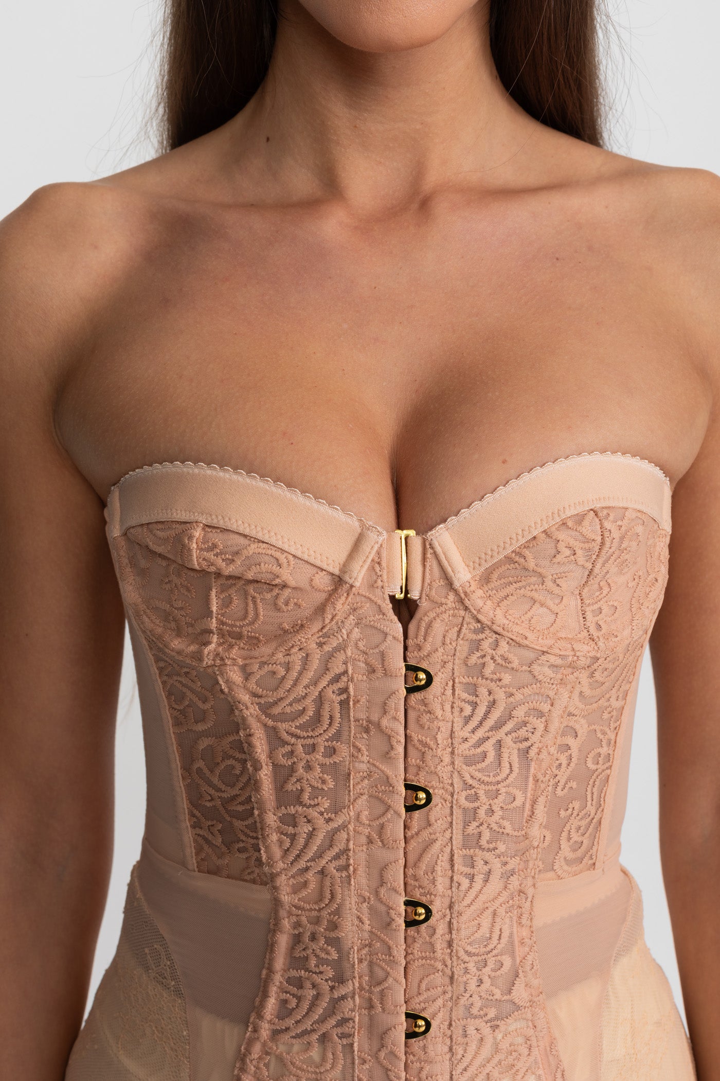 Strapless Lace Corset Top with Boning and Front Closure - Nude