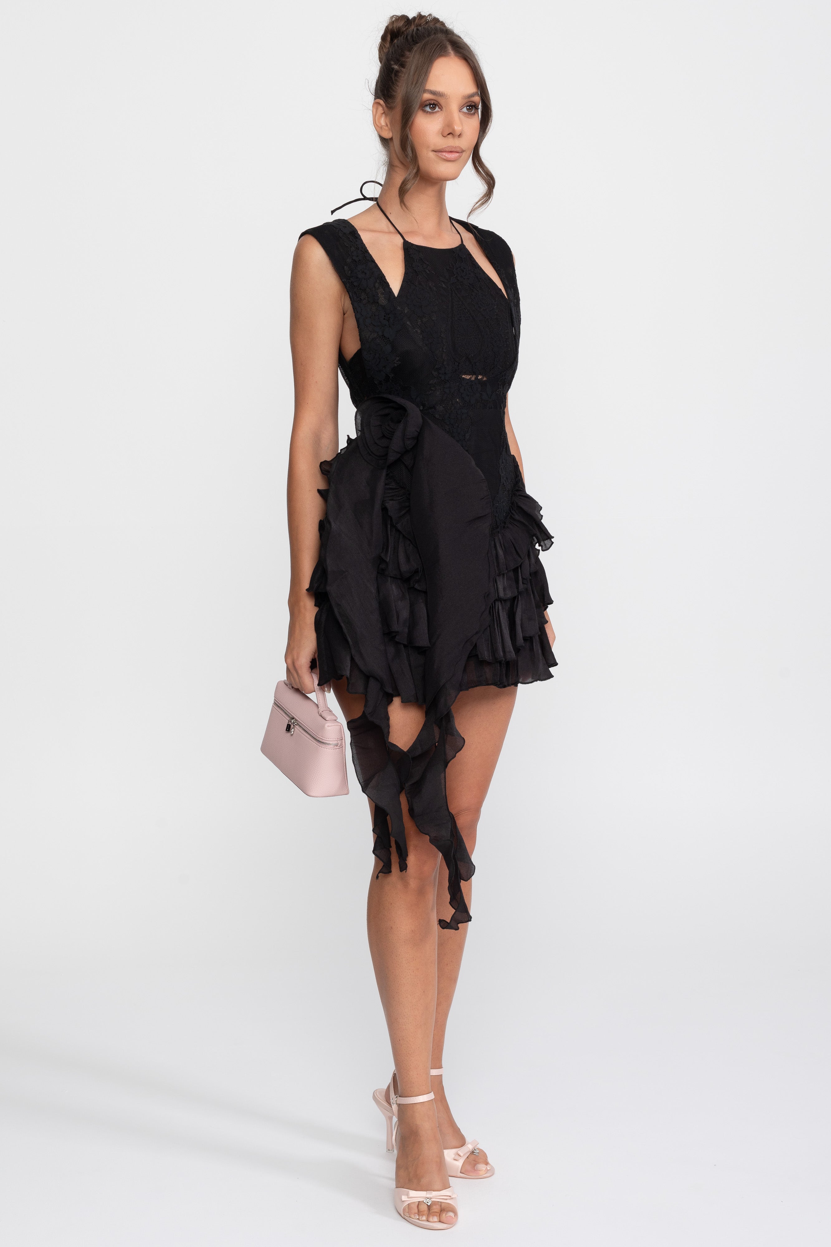 Lace Halter Rosette Mini Dress With Ruffle Skirt - Black