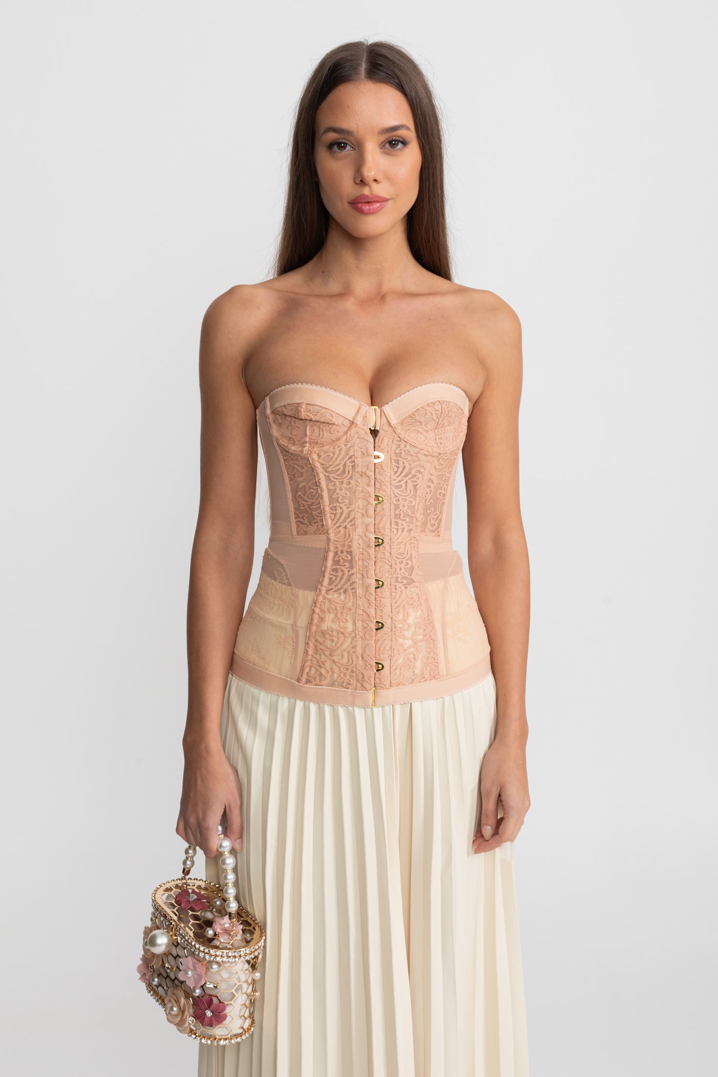 Strapless Lace Corset Top with Boning and Front Closure - Nude