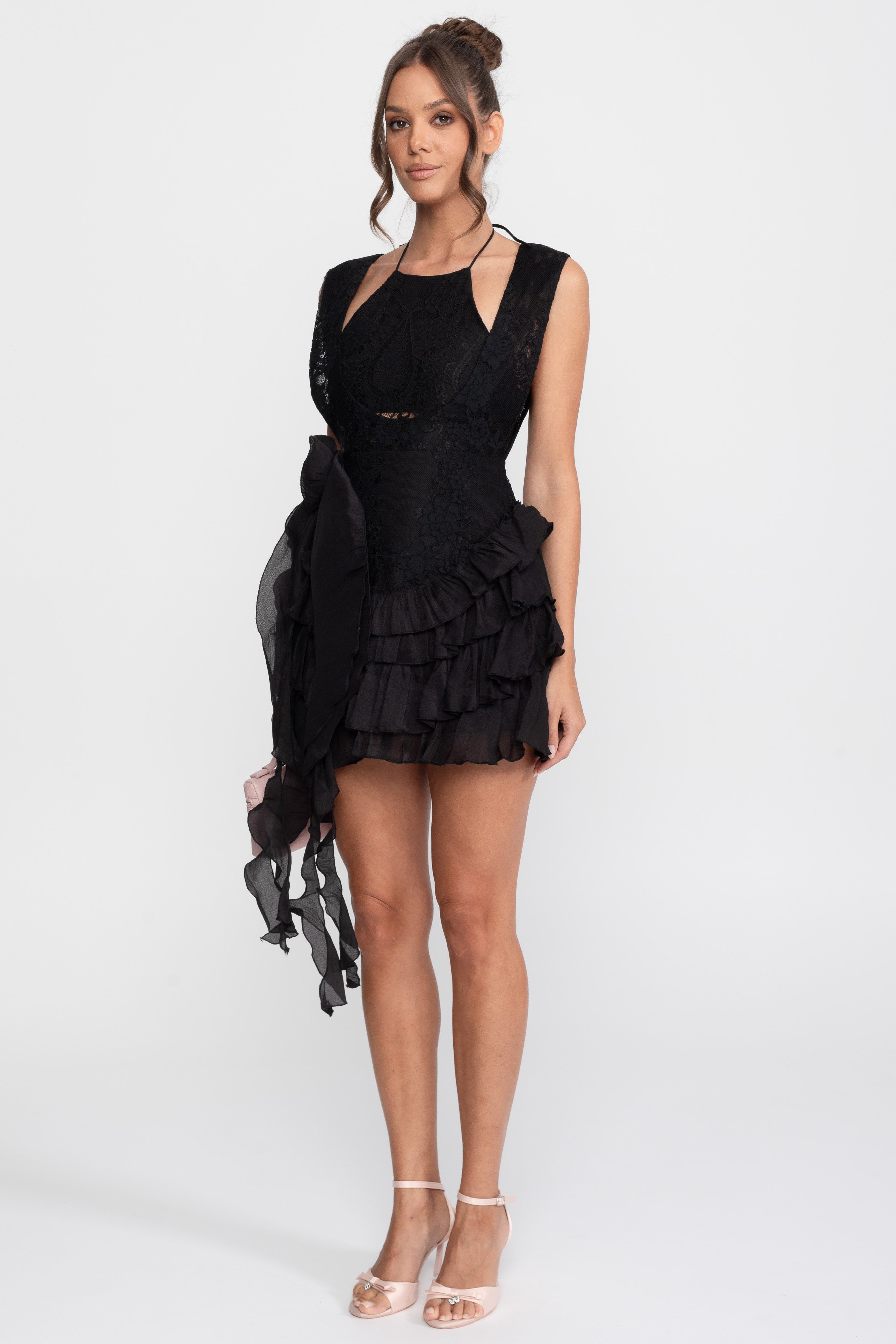 Lace Halter Rosette Mini Dress With Ruffle Skirt - Black