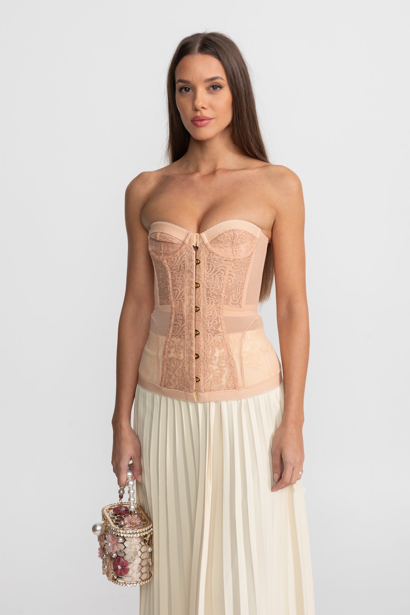 Strapless Lace Corset Top with Boning and Front Closure - Nude