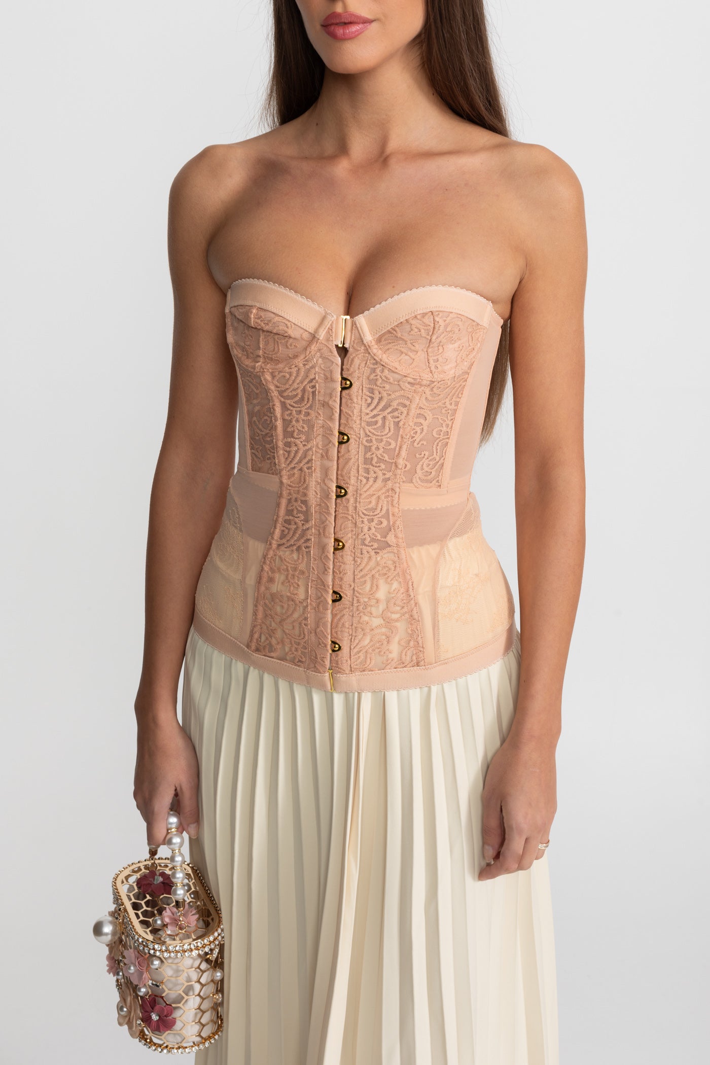 Strapless Lace Corset Top with Boning and Front Closure - Nude