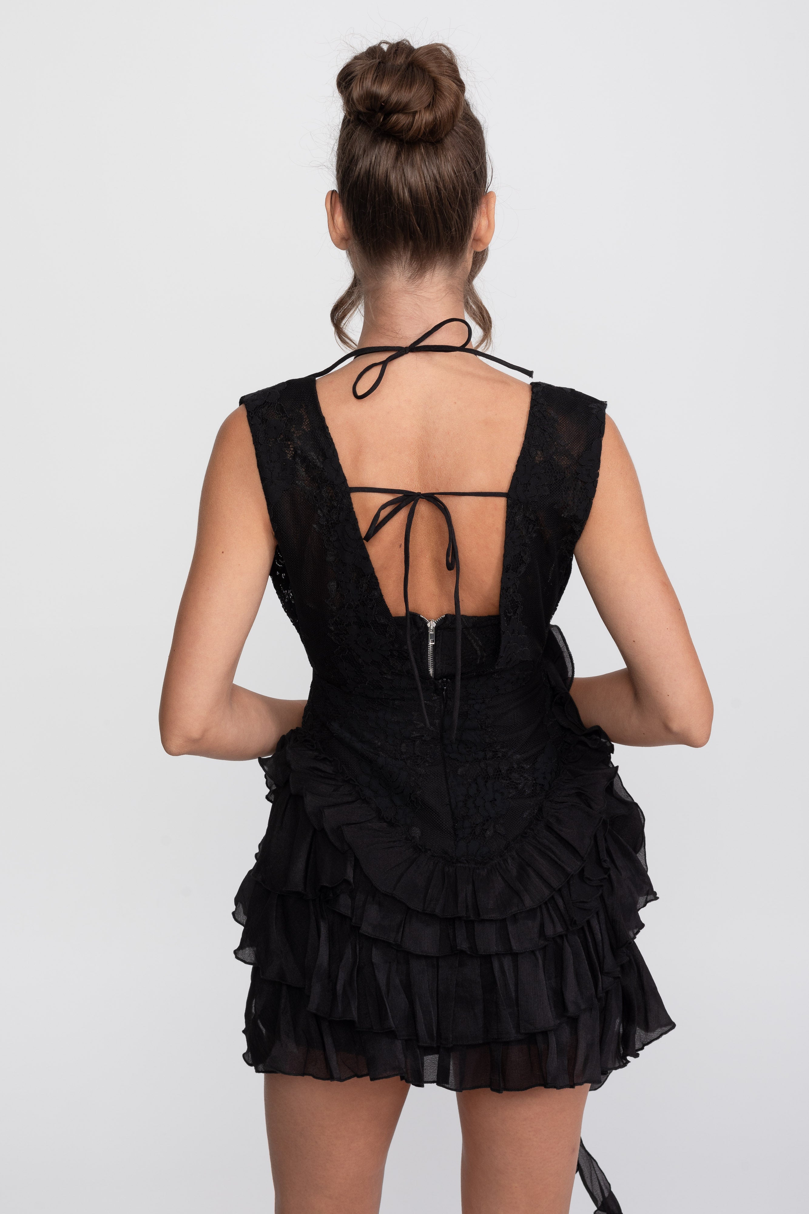 Lace Halter Rosette Mini Dress With Ruffle Skirt - Black