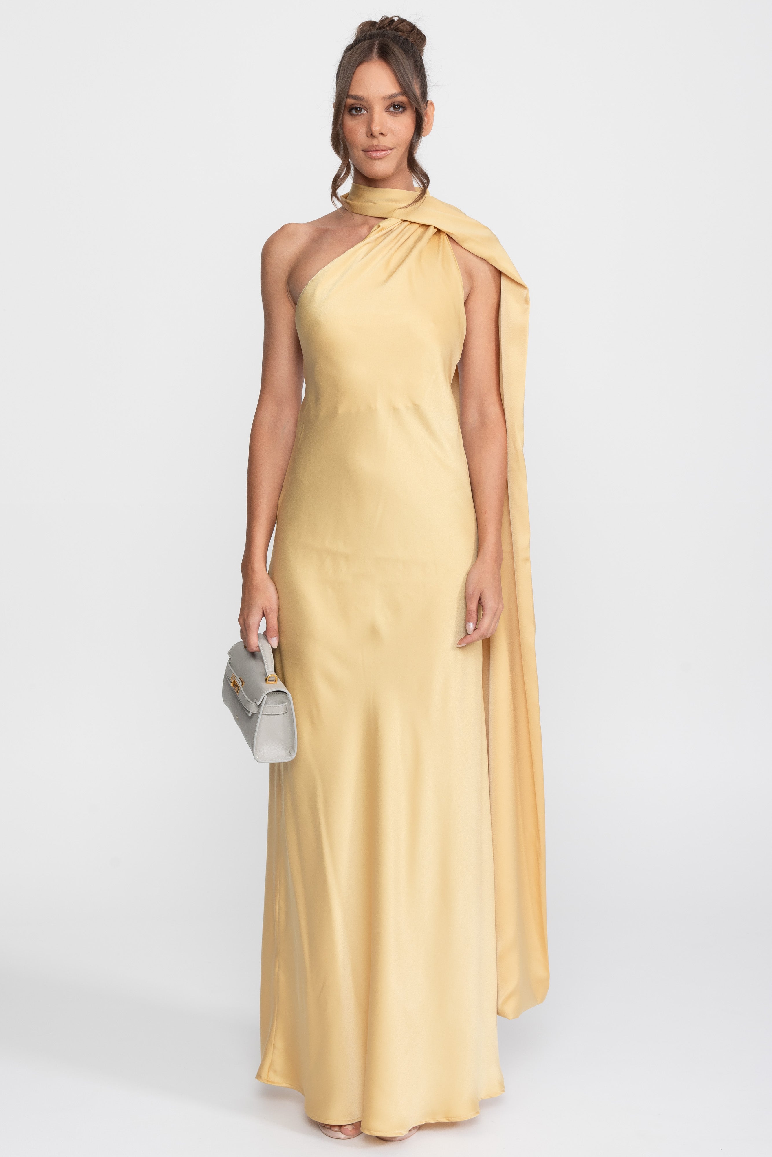 Twist Halter Satin Slip Dress With Asymmetric Neckline - Yellow