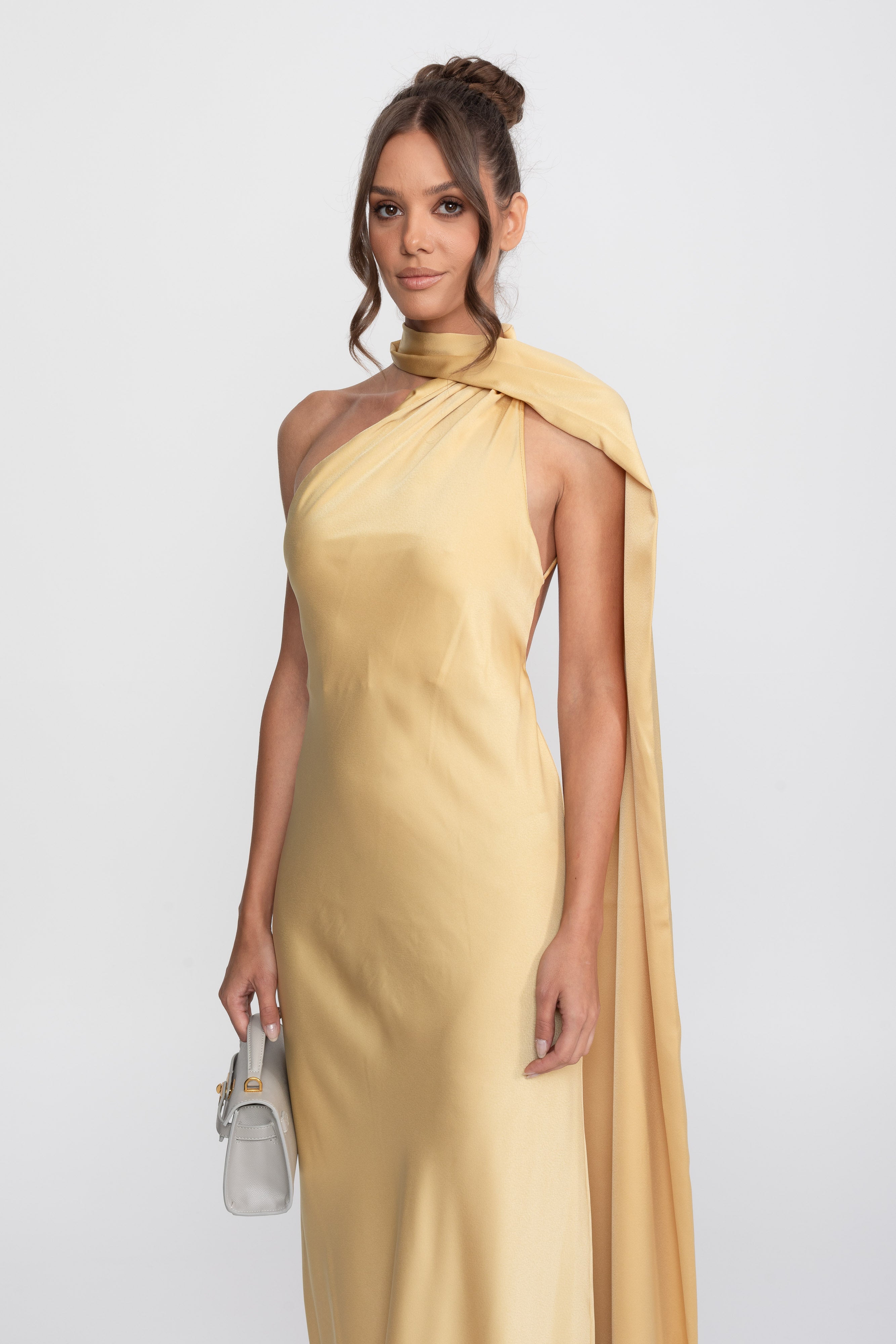 Twist Halter Satin Slip Dress With Asymmetric Neckline - Yellow