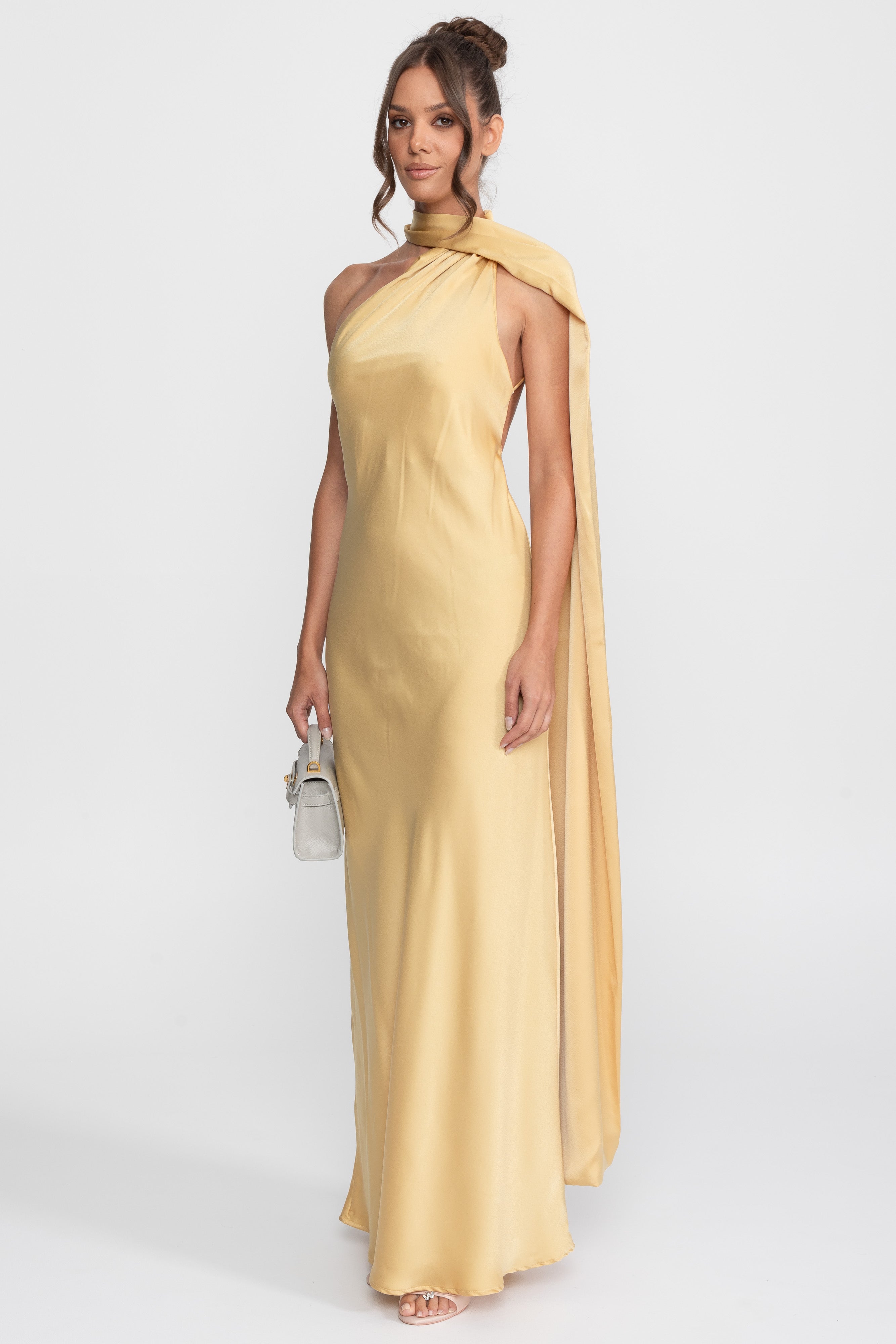 Twist Halter Satin Slip Dress With Asymmetric Neckline - Yellow