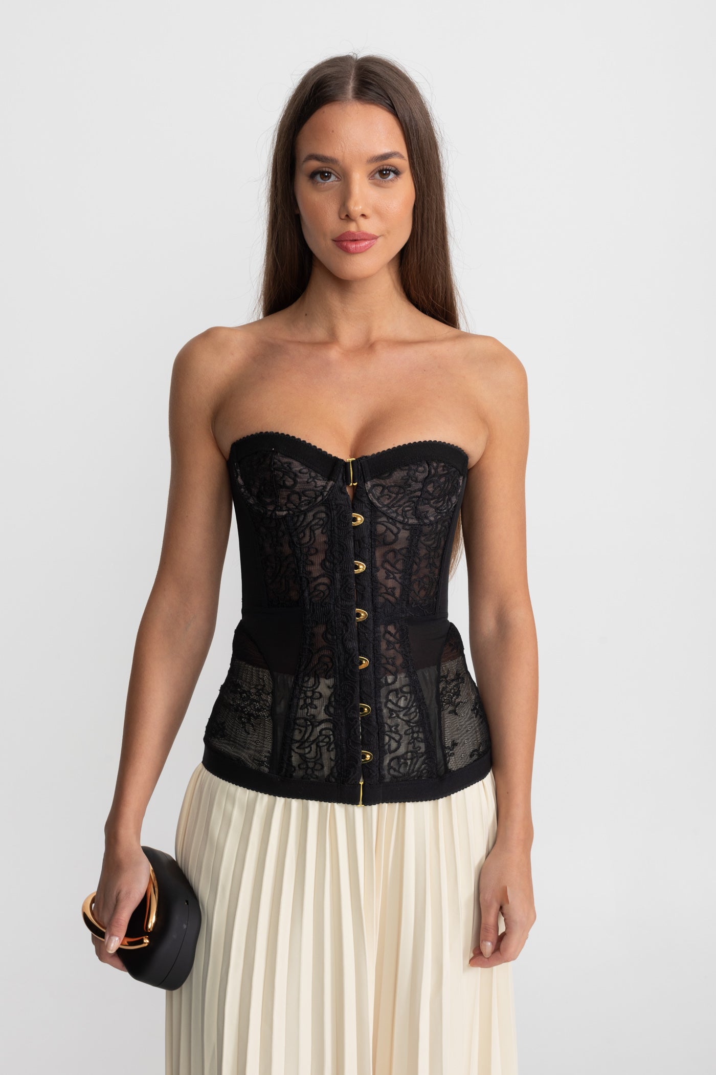 Strapless Lace Corset Top with Boning and Front Closure - Black