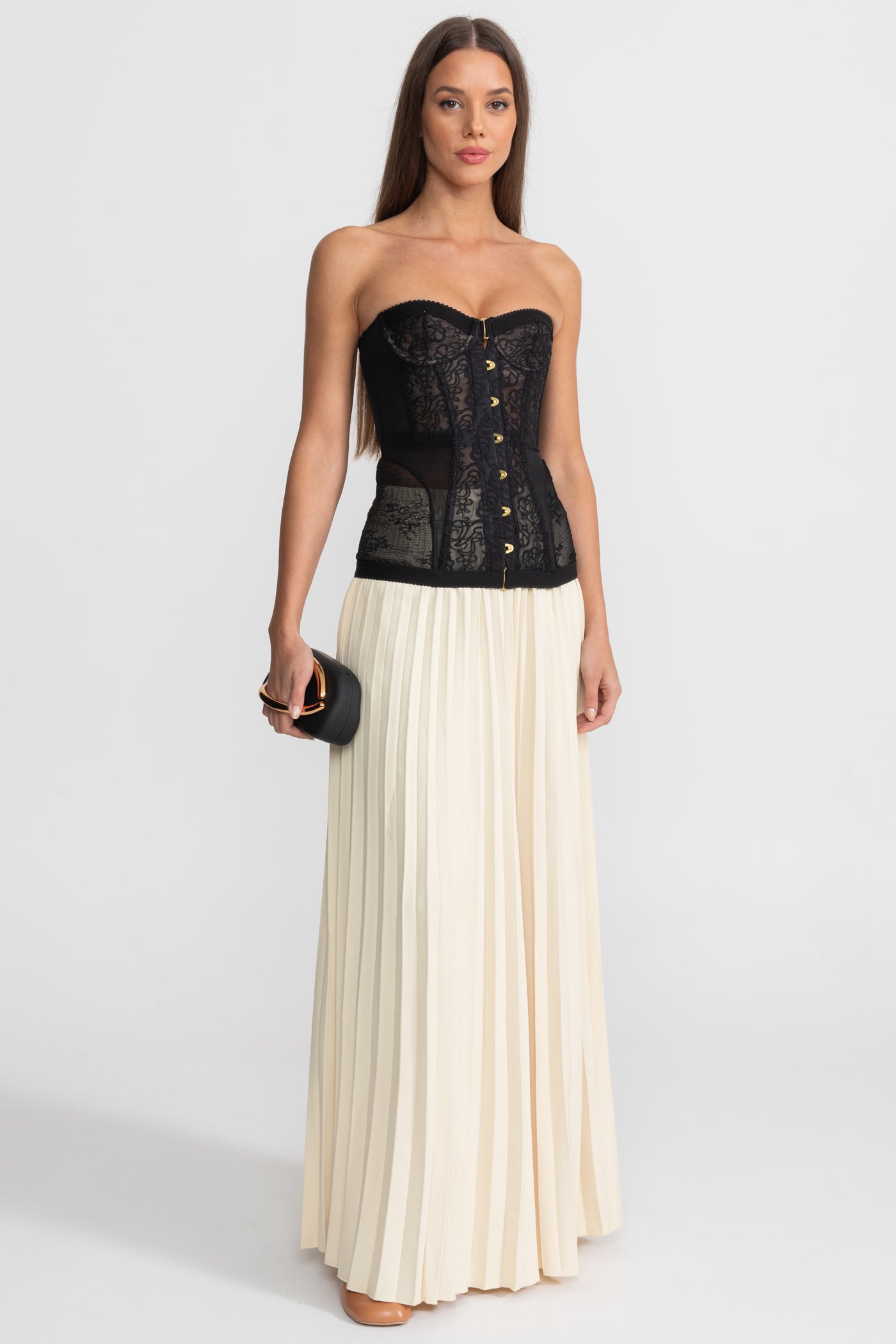Strapless Lace Corset Top with Boning and Front Closure - Black