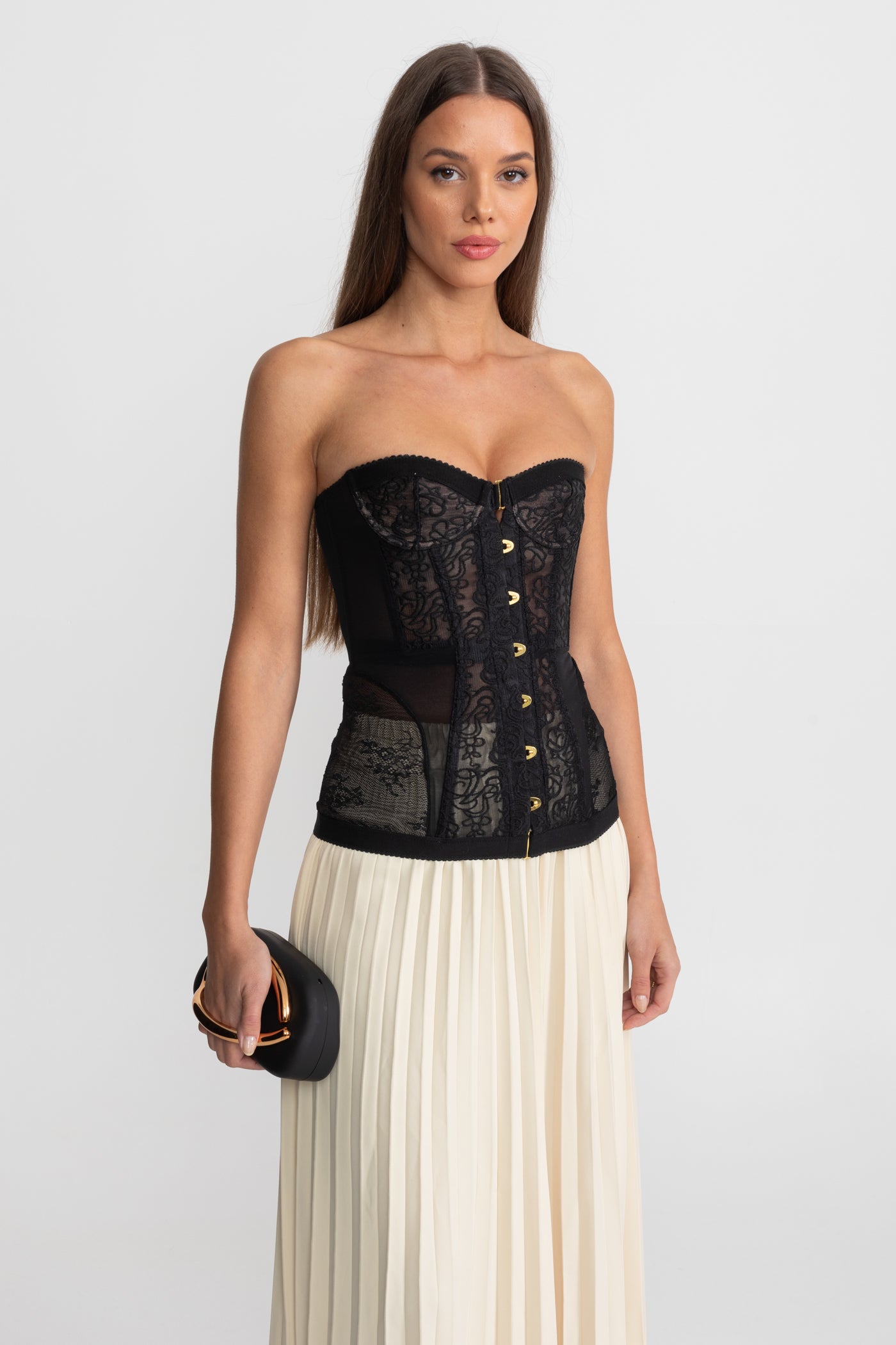 Strapless Lace Corset Top with Boning and Front Closure - Black