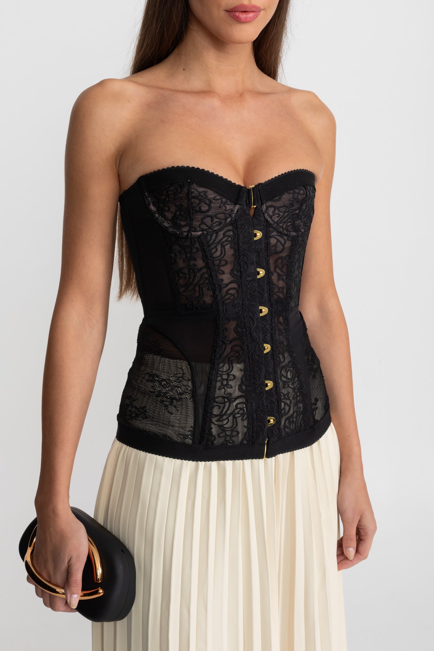 Strapless Lace Corset Top with Boning and Front Closure - Black