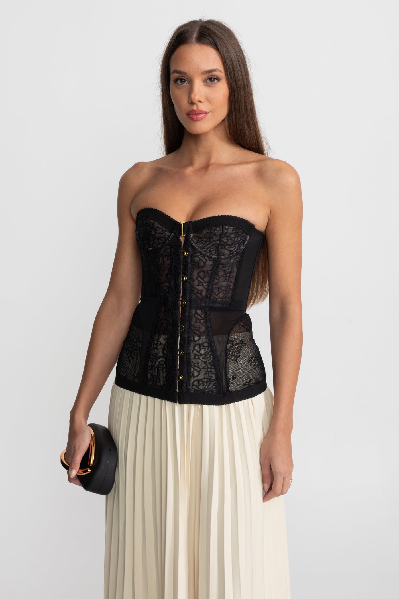 Strapless Lace Corset Top with Boning and Front Closure - Black