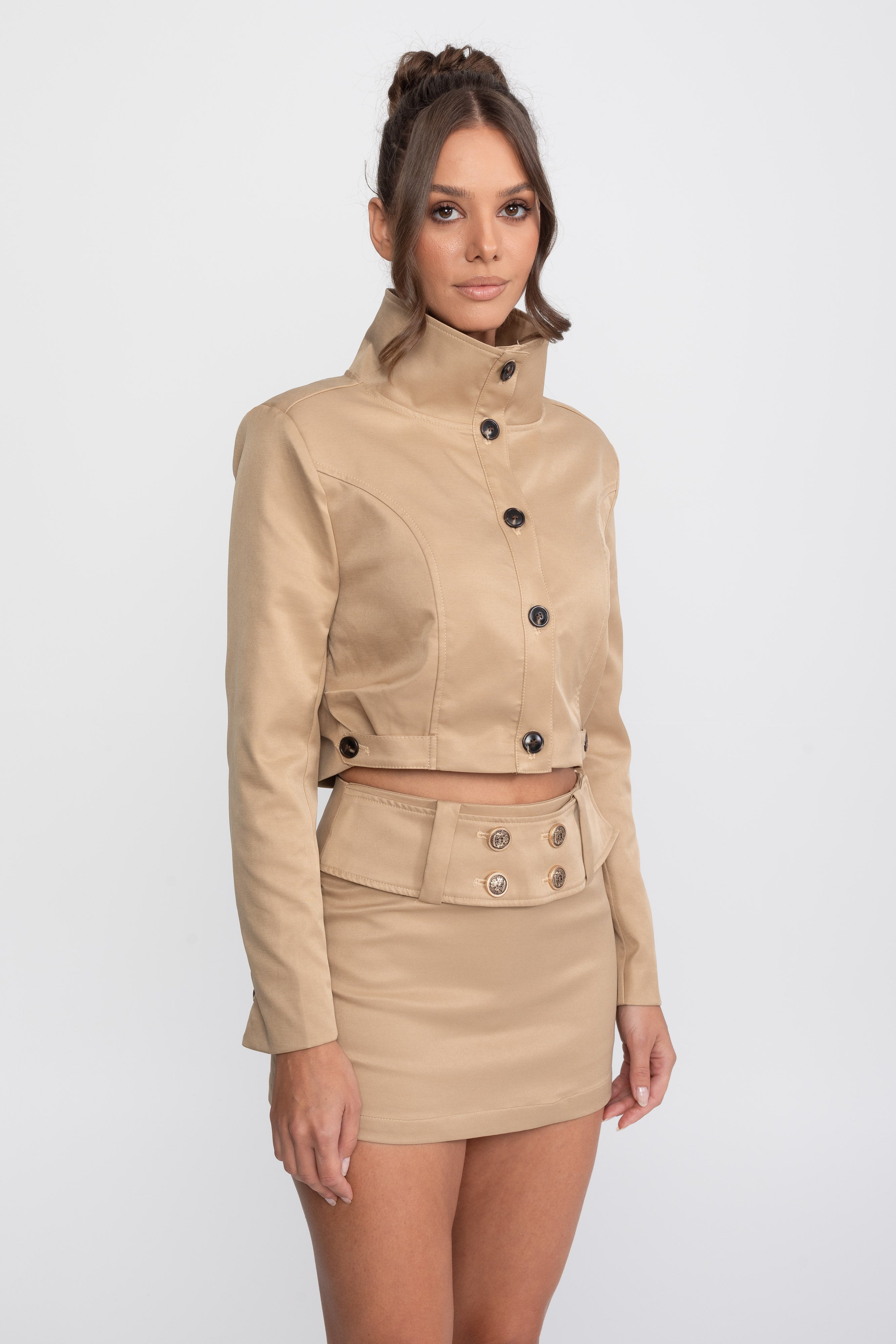 Double-Breasted Cropped Jacket And Mini Skirt Co-Ord Set - Khaki