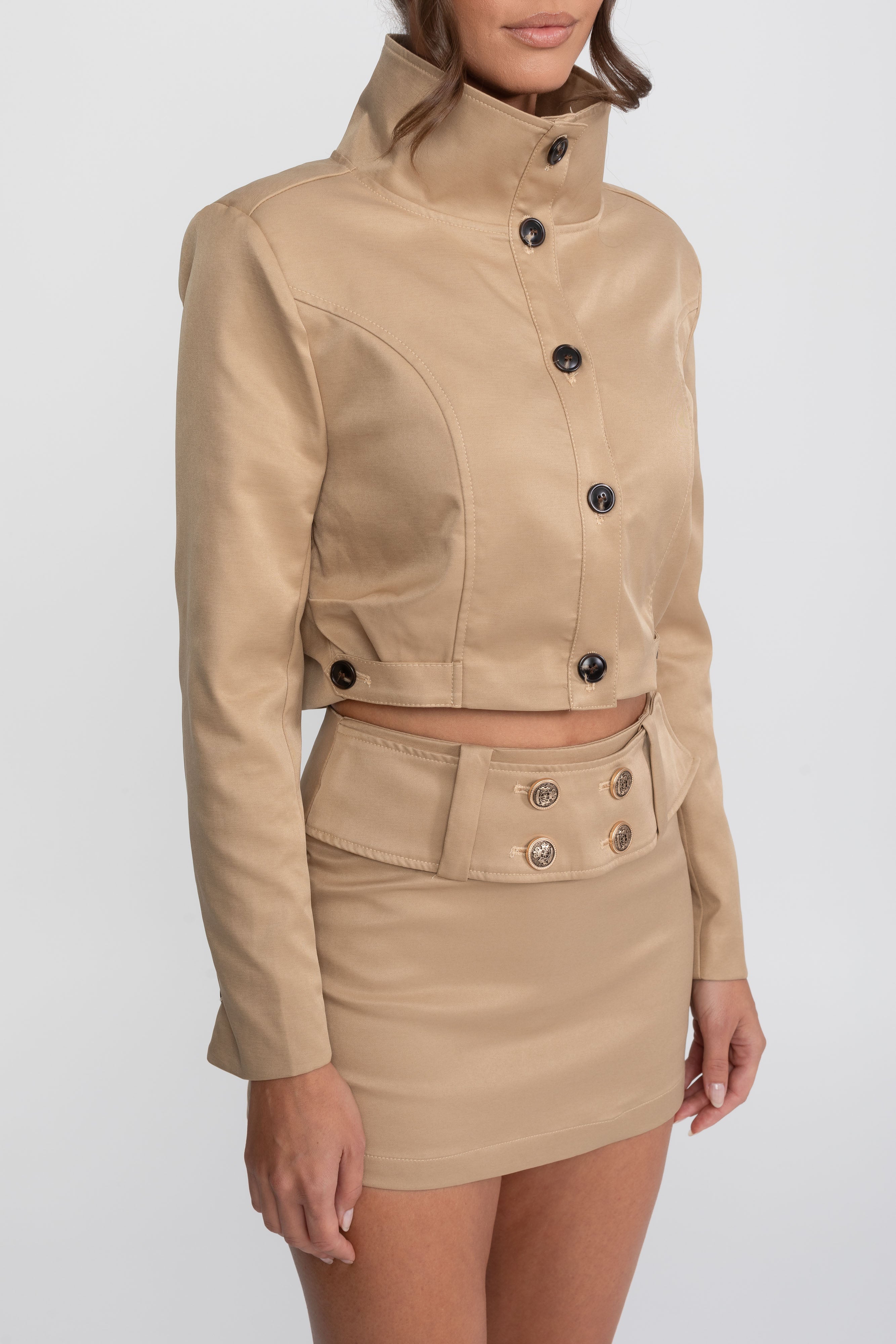 Double-Breasted Cropped Jacket And Mini Skirt Co-Ord Set - Khaki