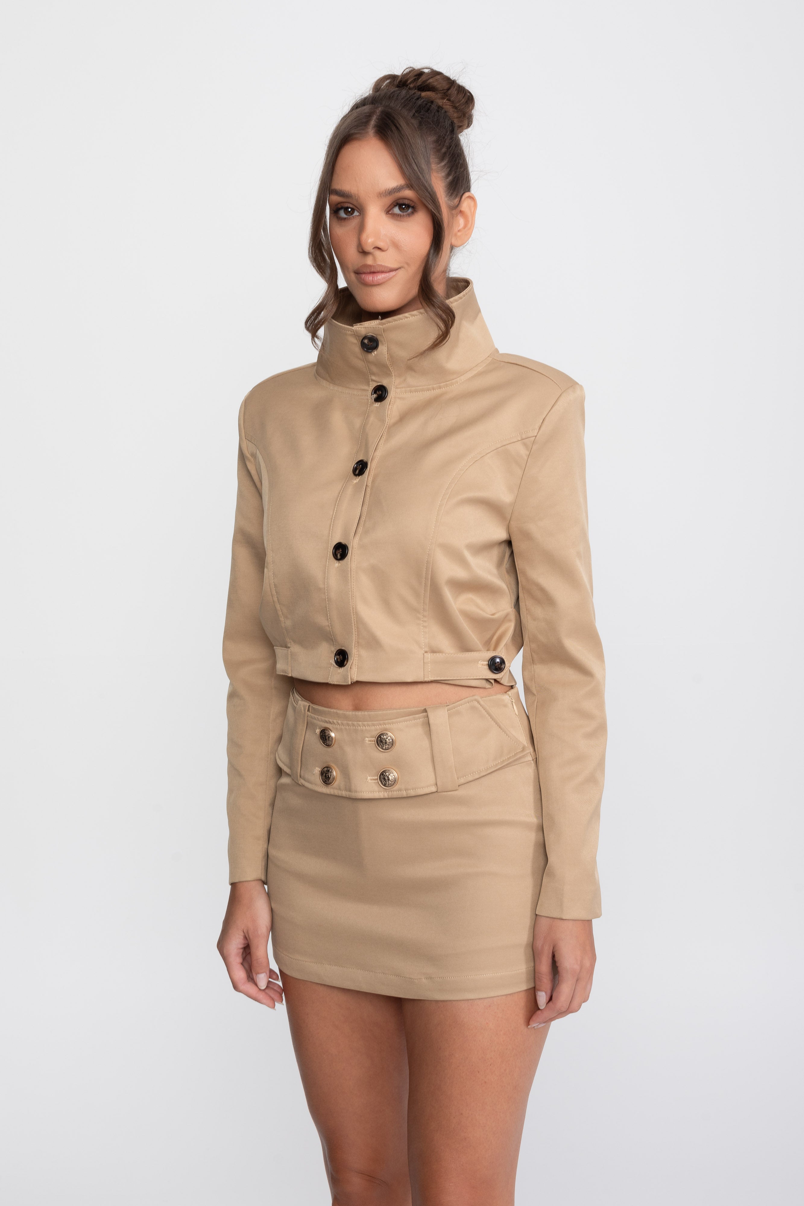 Double-Breasted Cropped Jacket And Mini Skirt Co-Ord Set - Khaki