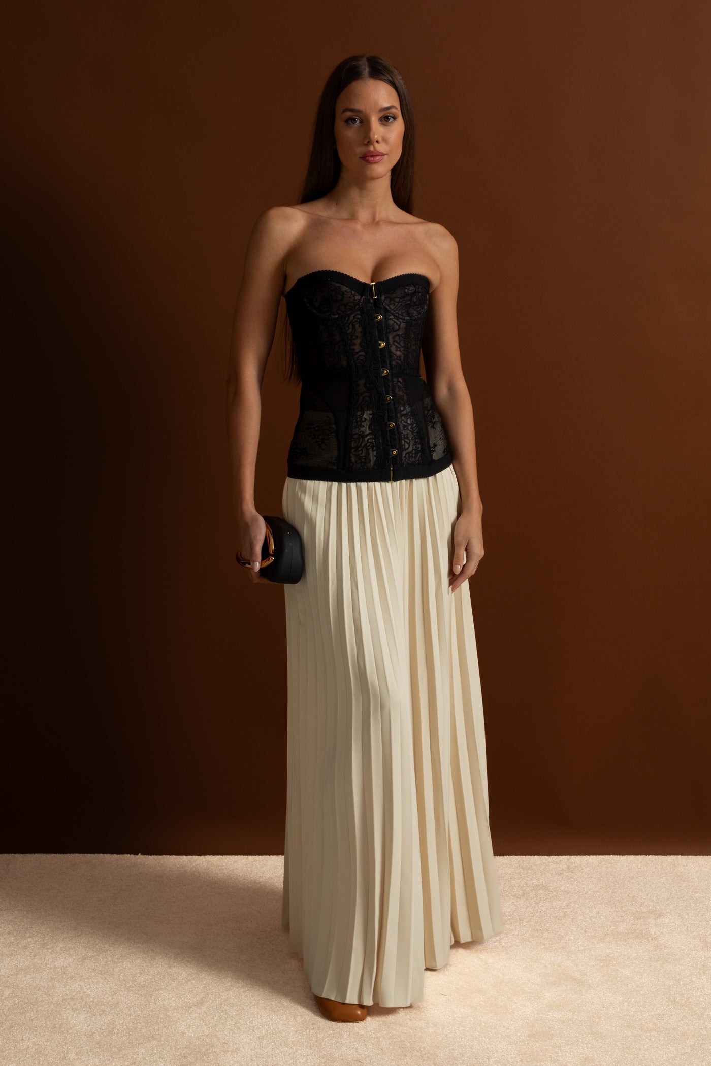 Strapless Lace Corset Top with Boning and Front Closure - Black