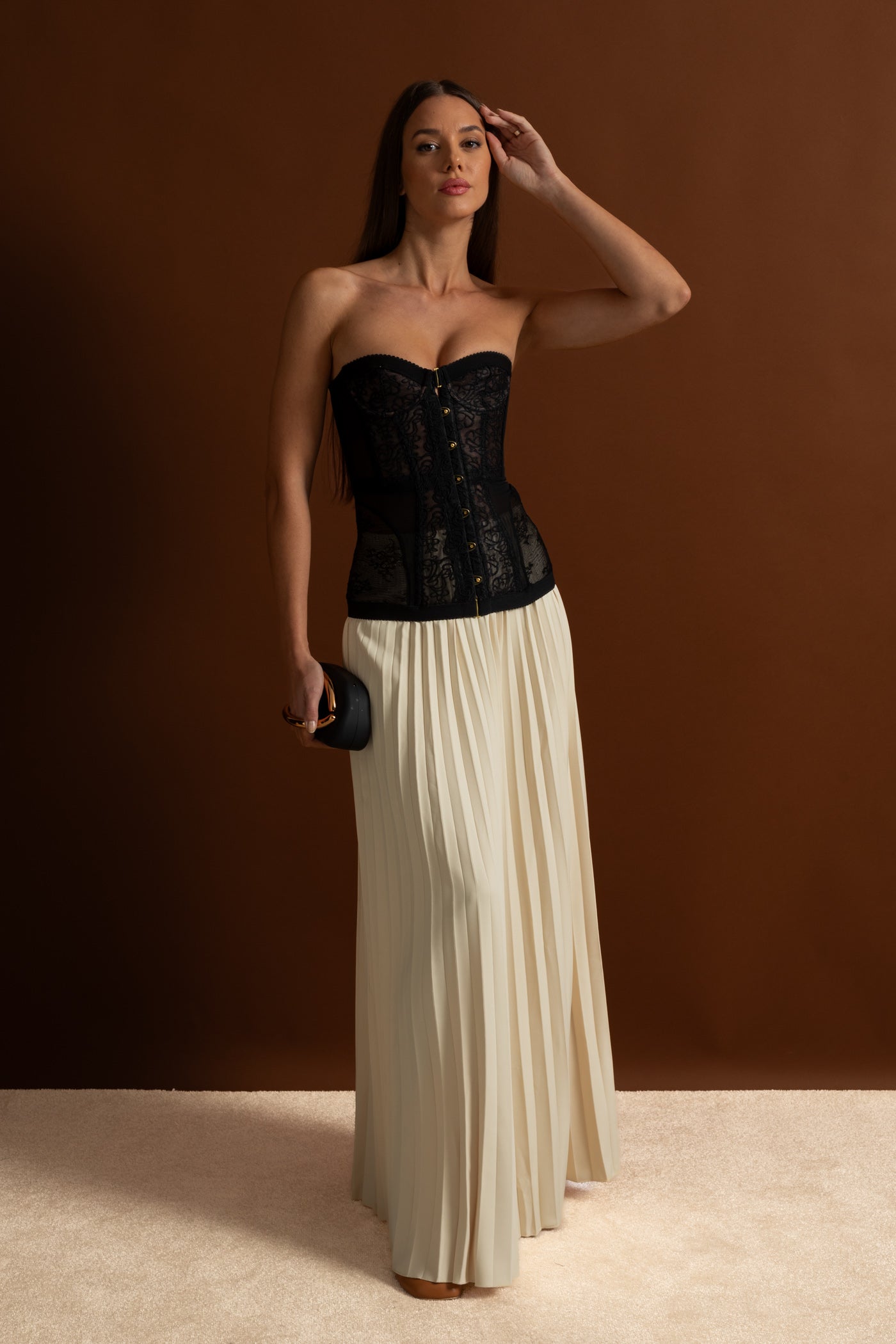 Strapless Lace Corset Top with Boning and Front Closure - Black