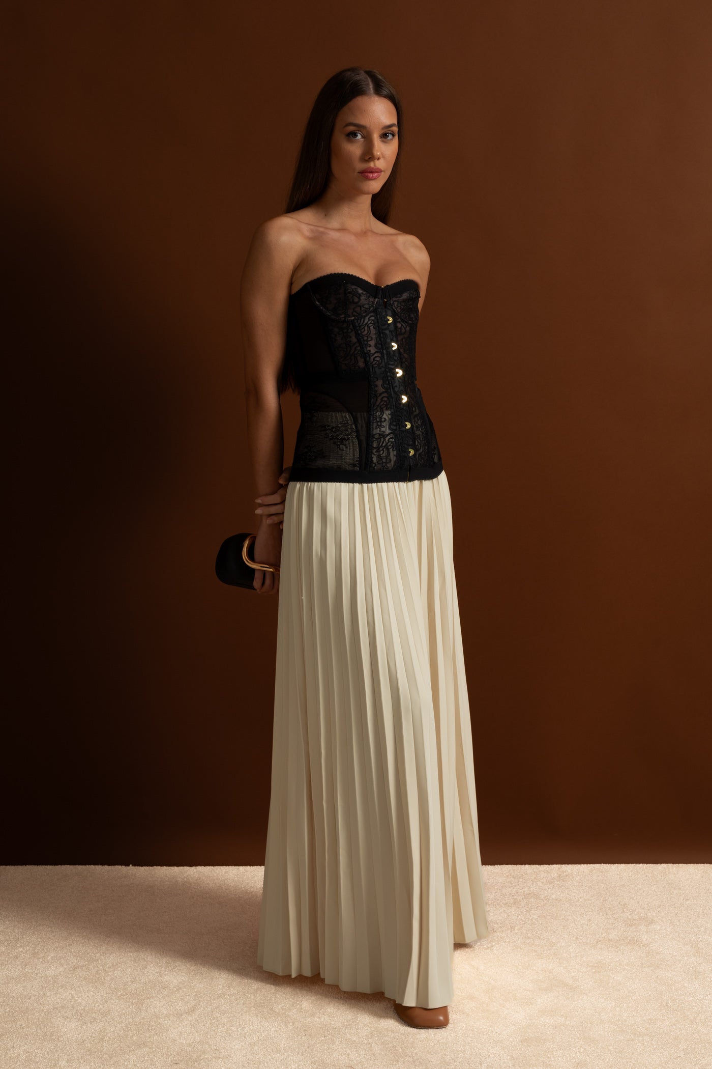 Strapless Lace Corset Top with Boning and Front Closure - Black