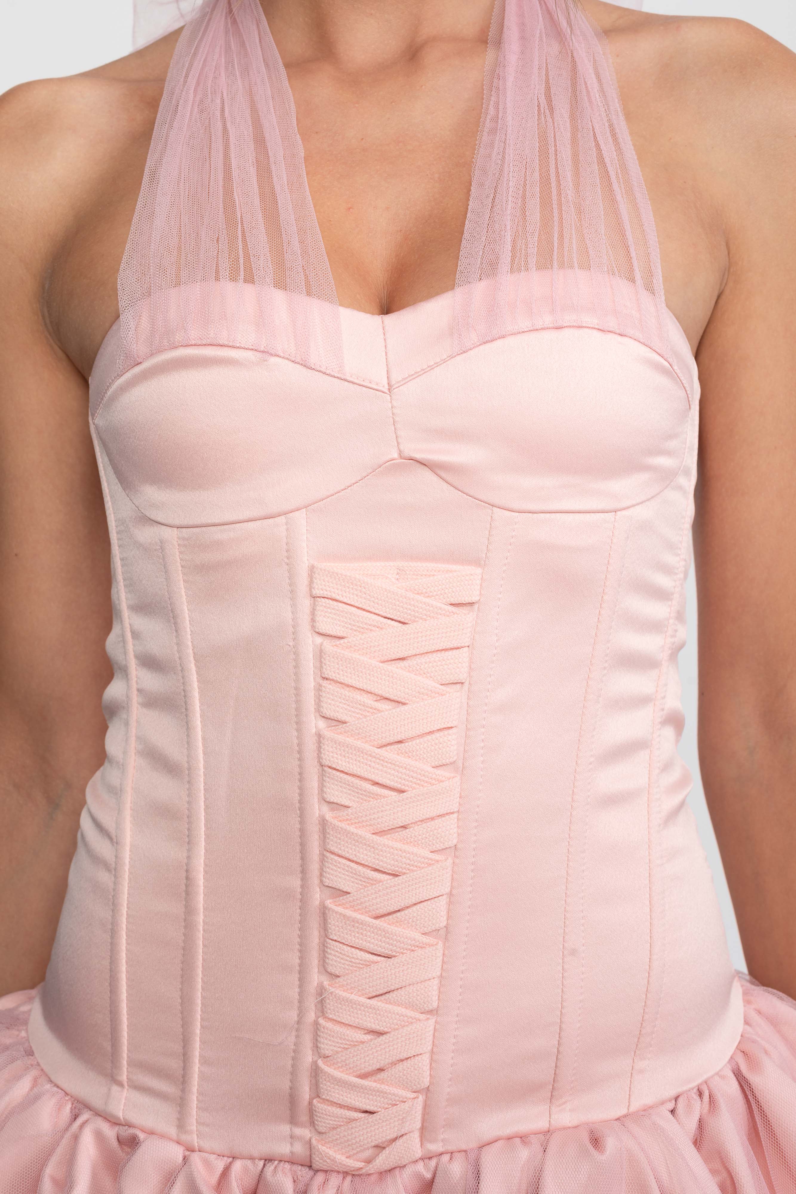 Corset Bubble Hem Mini Dress With Sheer Halter Tie - Pink