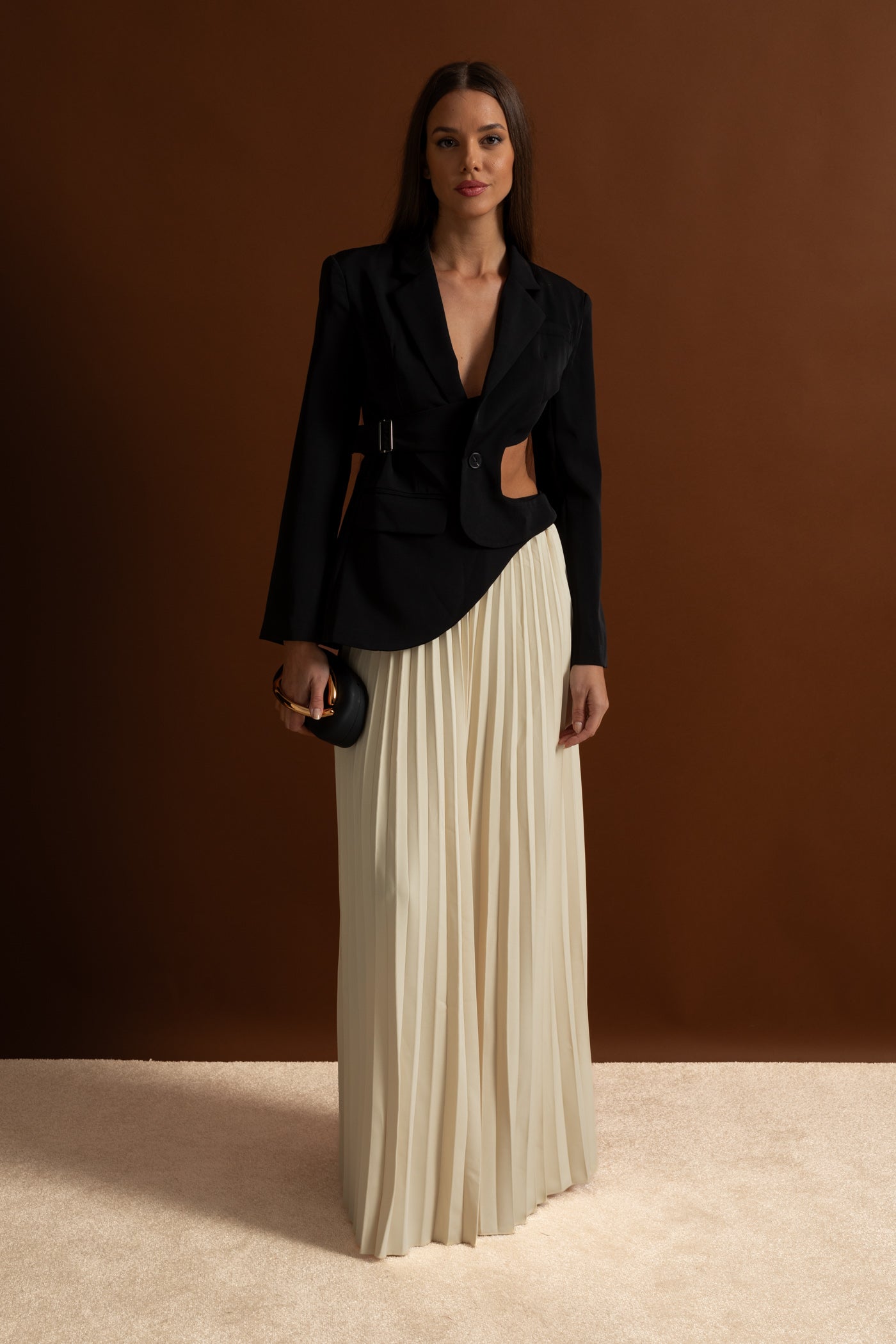 Asymmetric Cut-Out Blazer with Belt Detail - Black