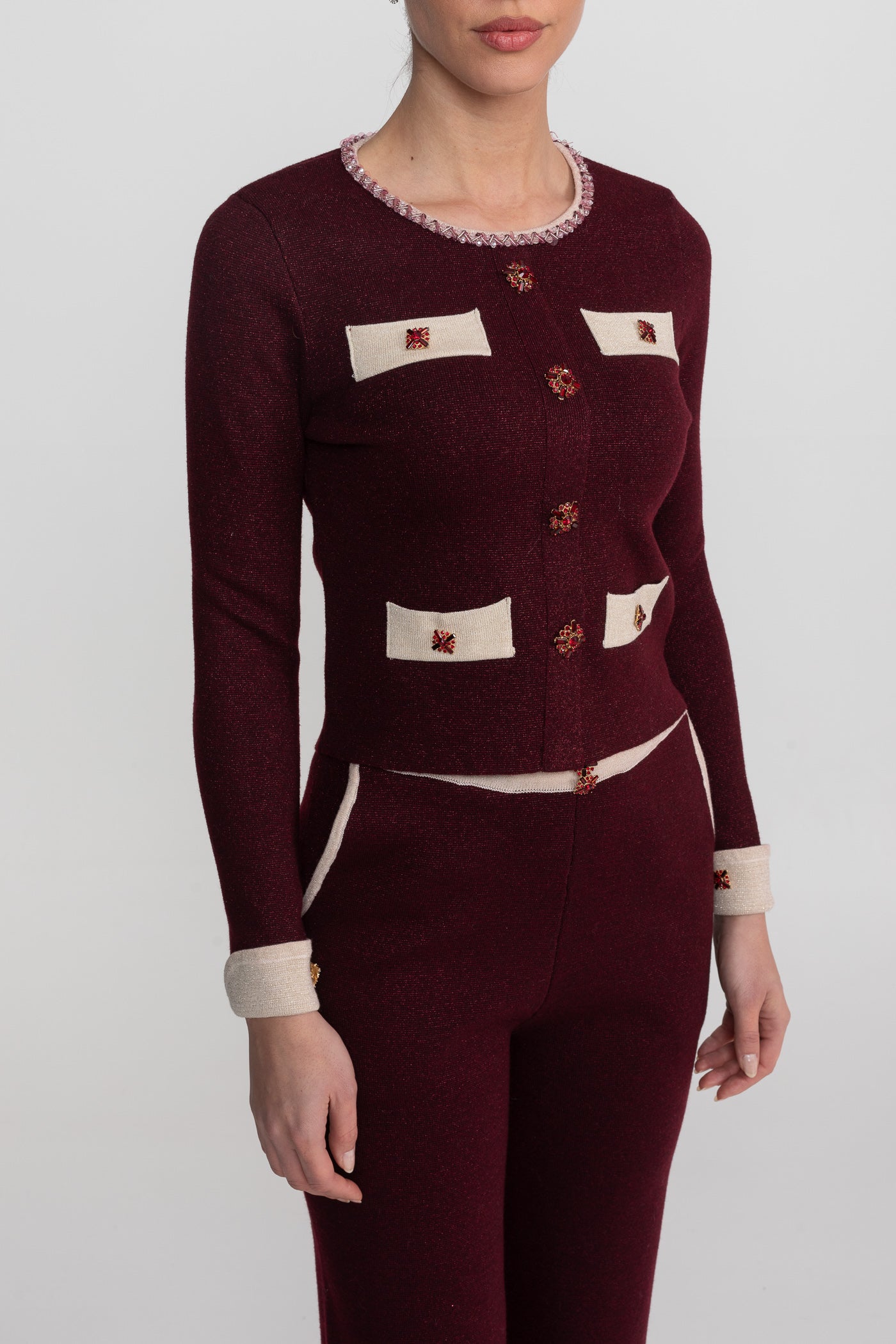 Long Sleeve Knit Co-Ord Set With Contrast Trim And Sparkling Embellishments - Burgundy