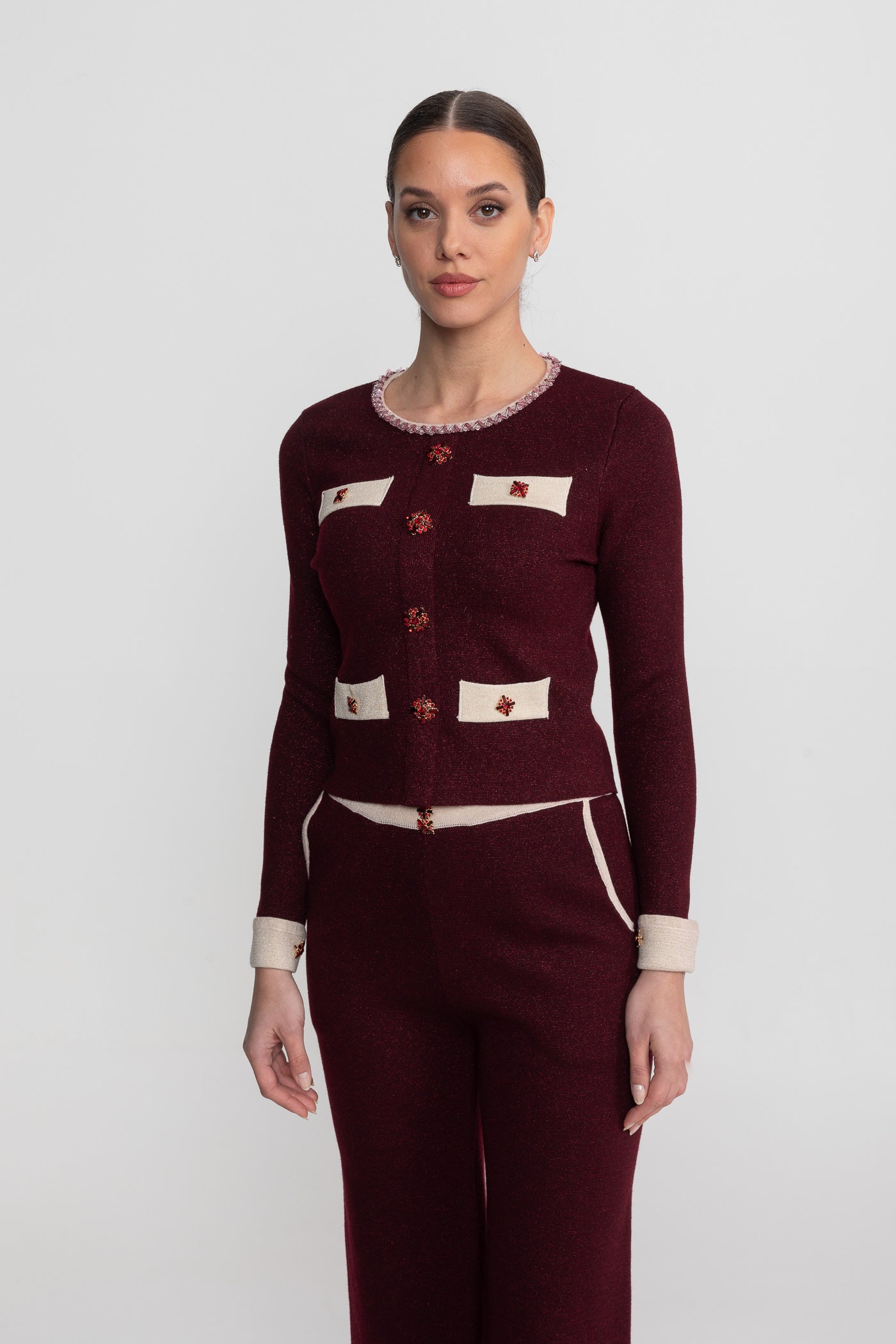 Long Sleeve Knit Co-Ord Set With Contrast Trim And Sparkling Embellishments - Burgundy
