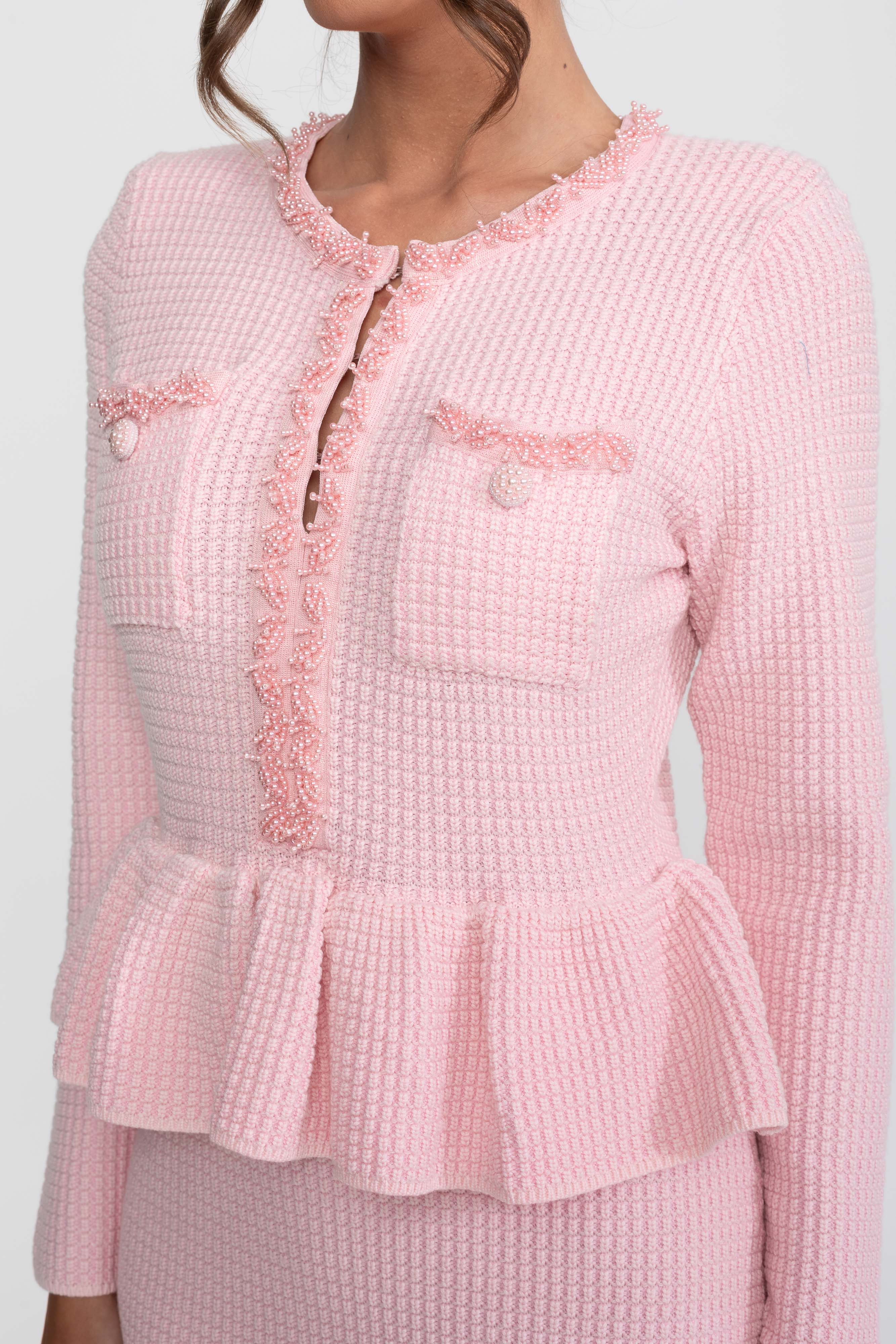 Fringe Trim Knit Peplum Dress With Front Chest Pockets - Pink